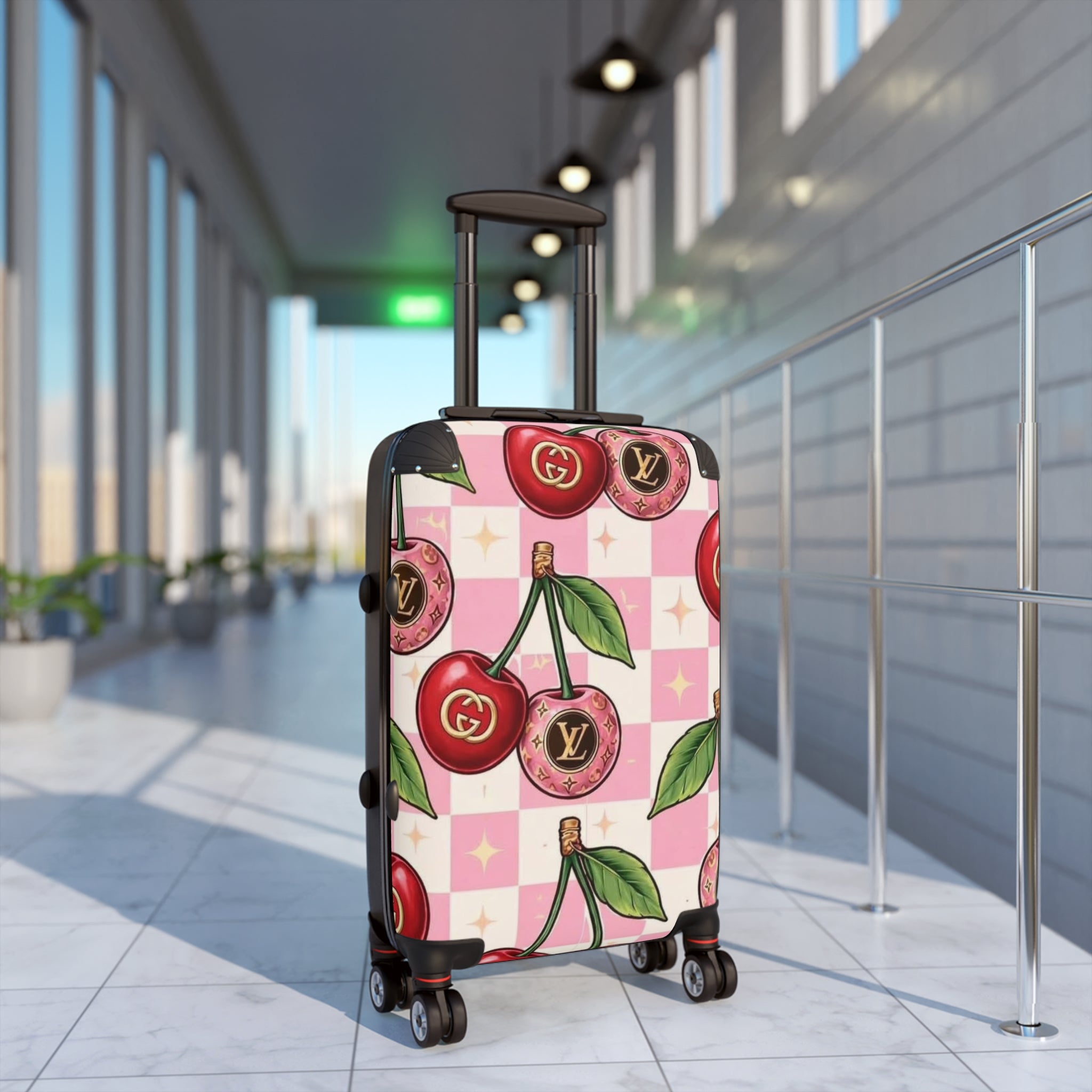 Cherry Logo Carry-On Suitcase – Pink Checker Luggage with Designer-Inspired Cherries
