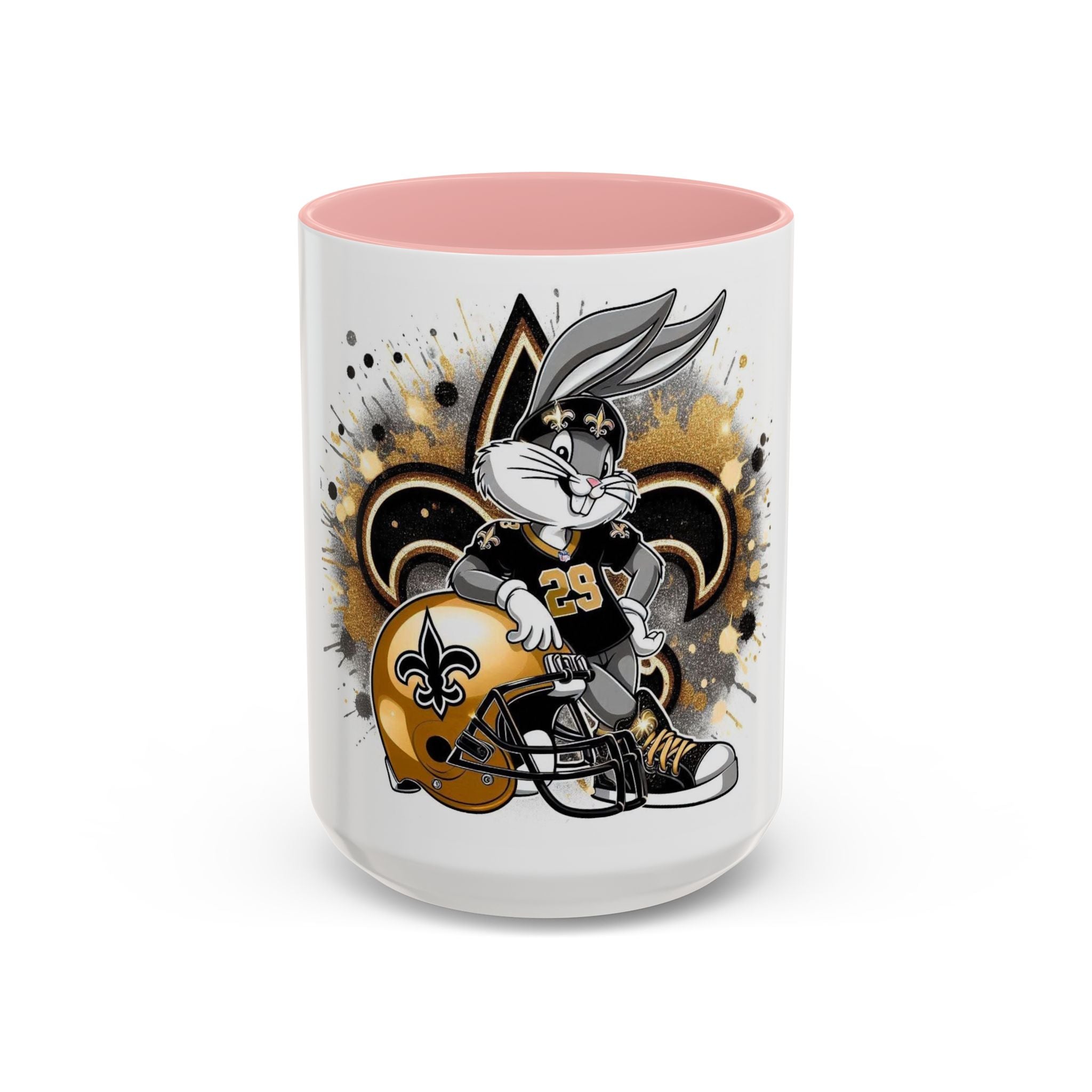 Football Bunny Fan Coffee Mug — Black & Gold Accent 11/15oz
