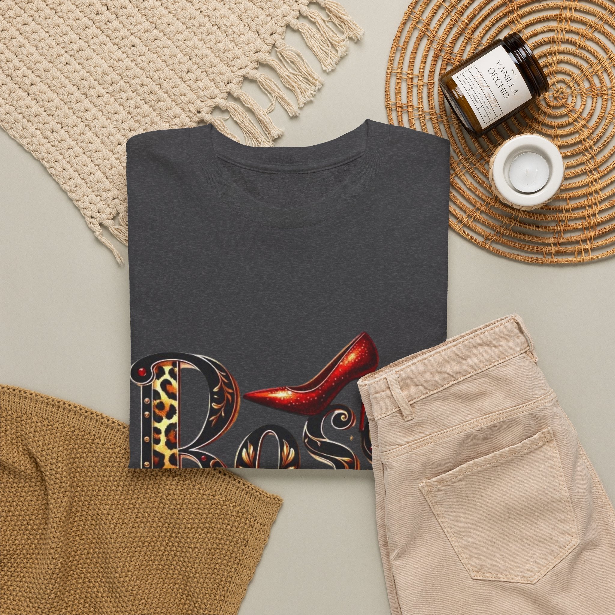 Boss Lady graphic Tee | Leopard print script, red stiletto, lips