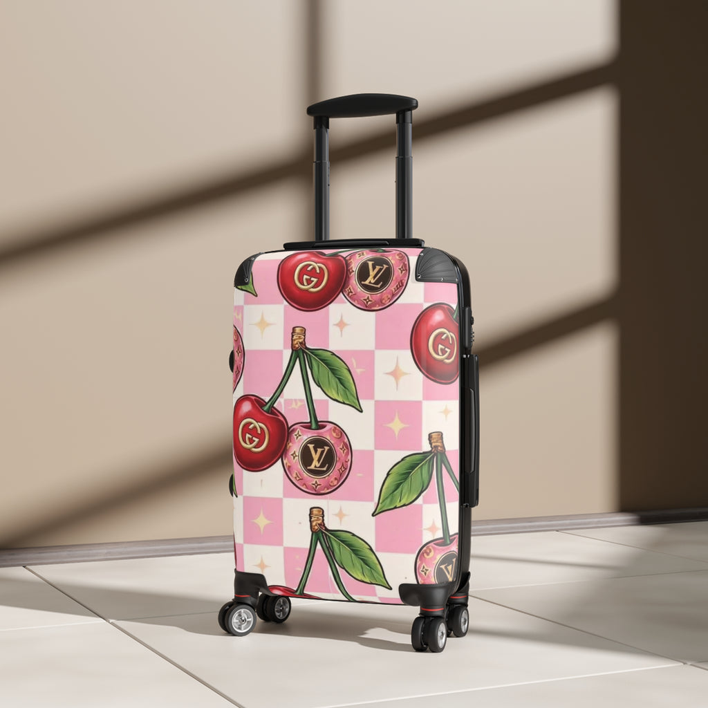 Cherry Logo Carry-On Suitcase – Pink Checker Luggage with Designer-Inspired Cherries