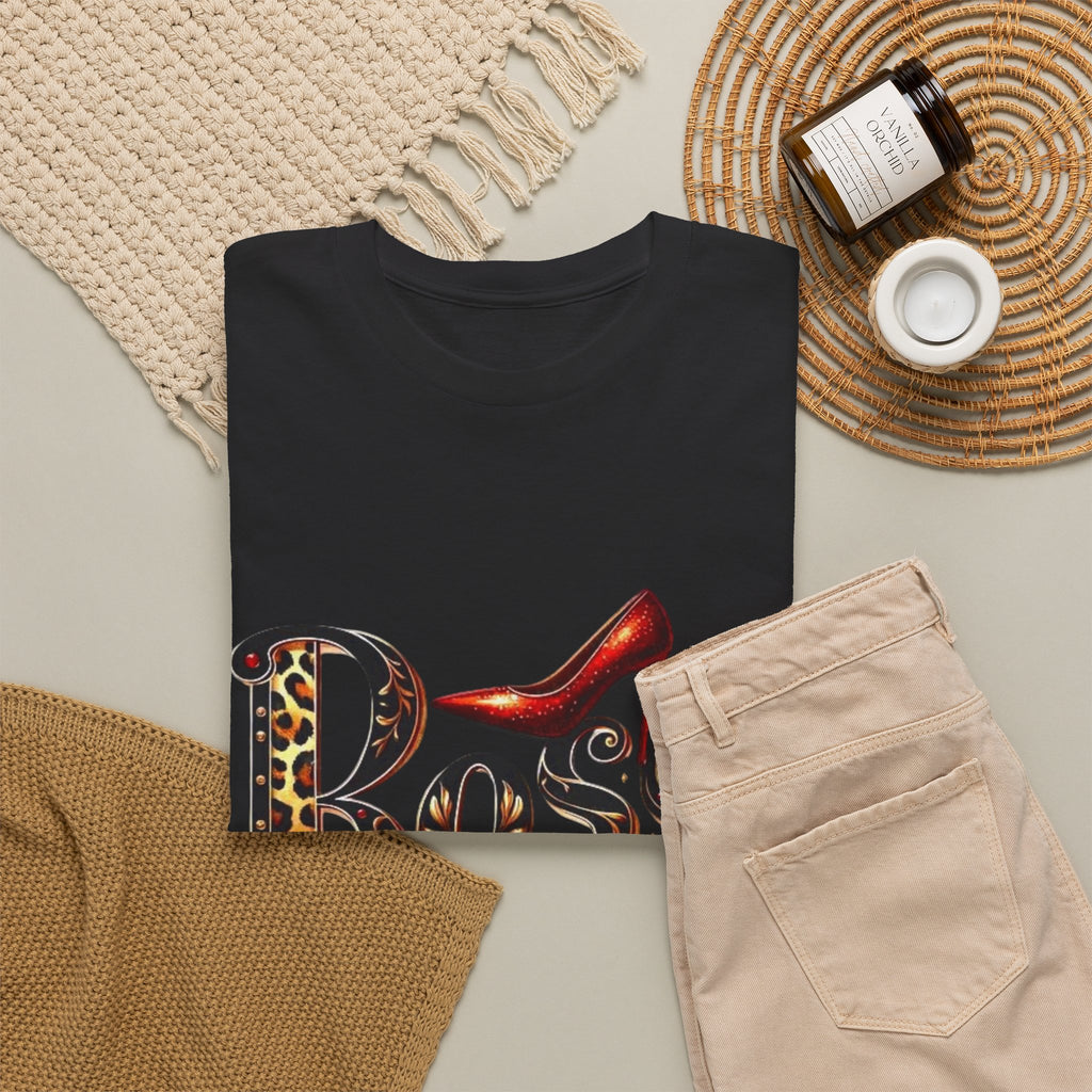 Boss Lady graphic Tee | Leopard print script, red stiletto, lips