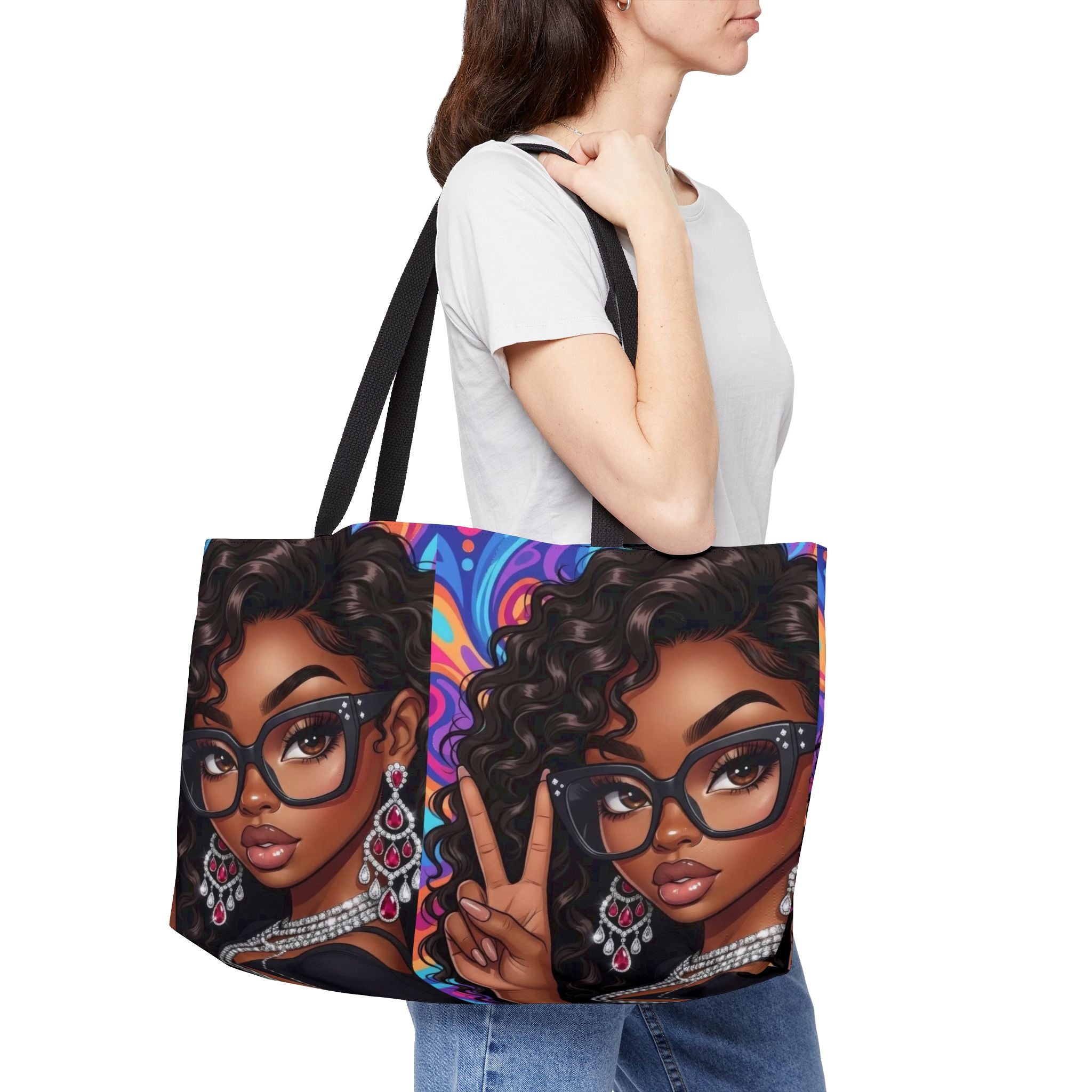 Weekender Tote Bag — Afro Chic Girl Peace Sign Printed Beach & Travel Tote