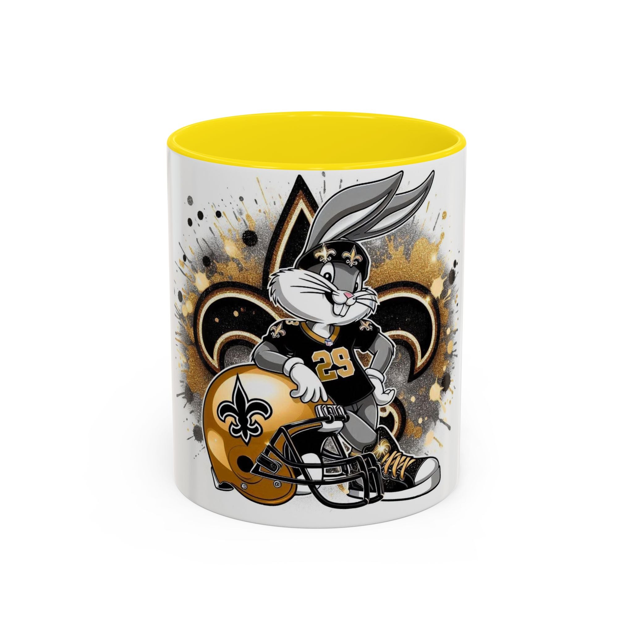Football Bunny Fan Coffee Mug — Black & Gold Accent 11/15oz
