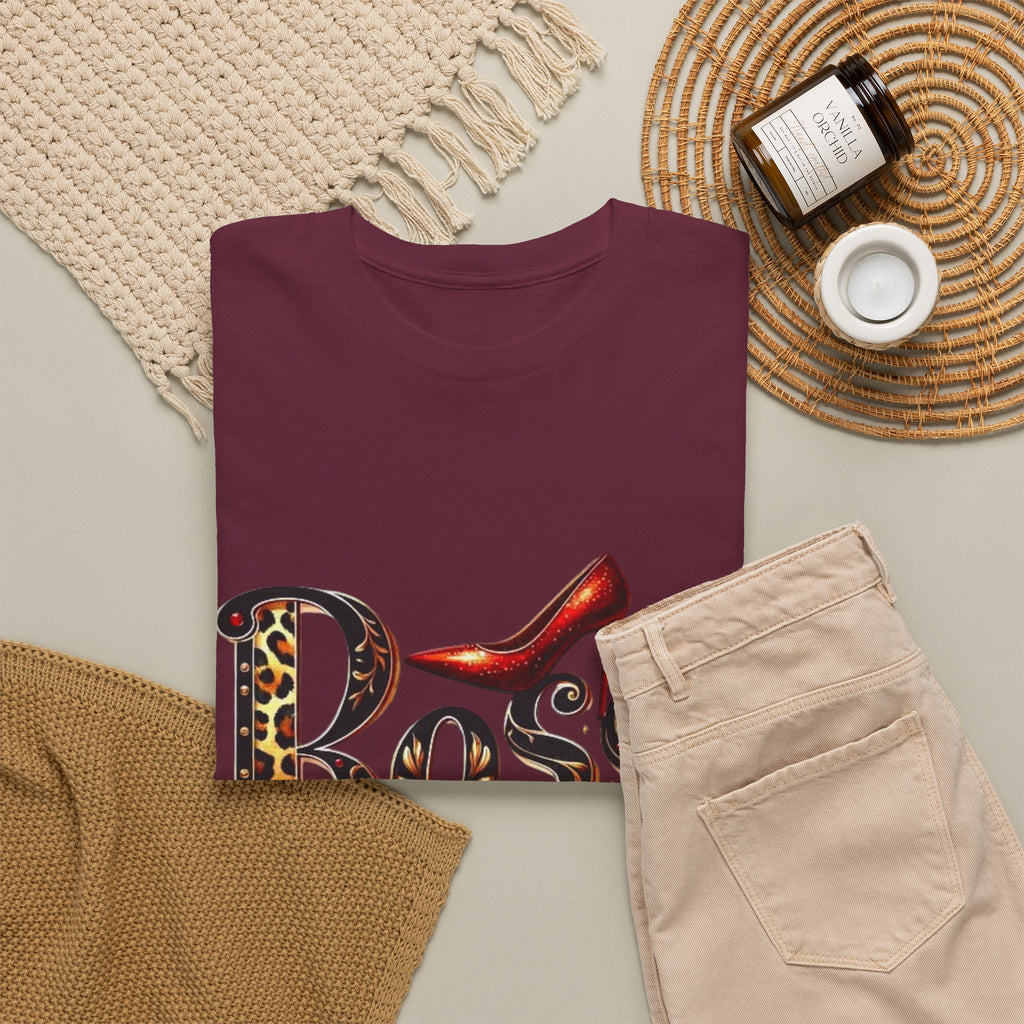 Boss Lady graphic Tee | Leopard print script, red stiletto, lips