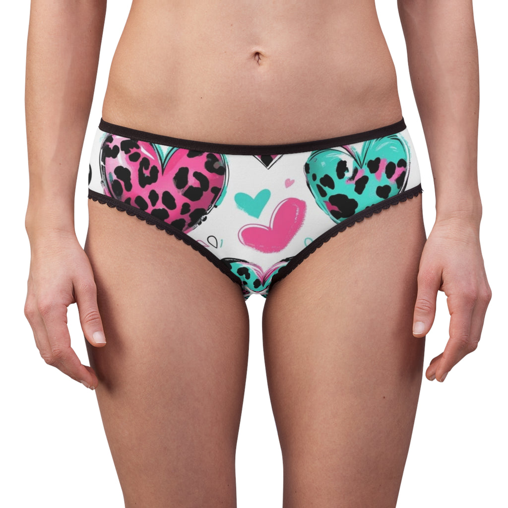 Heart Leopard Print Women's Briefs — Teal & Pink Cute Valentine Panties