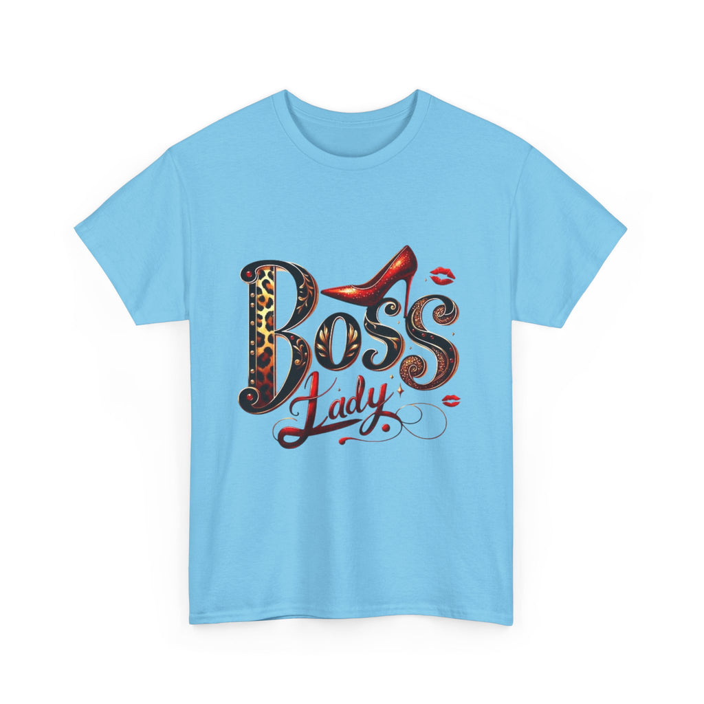 Boss Lady graphic Tee | Leopard print script, red stiletto, lips