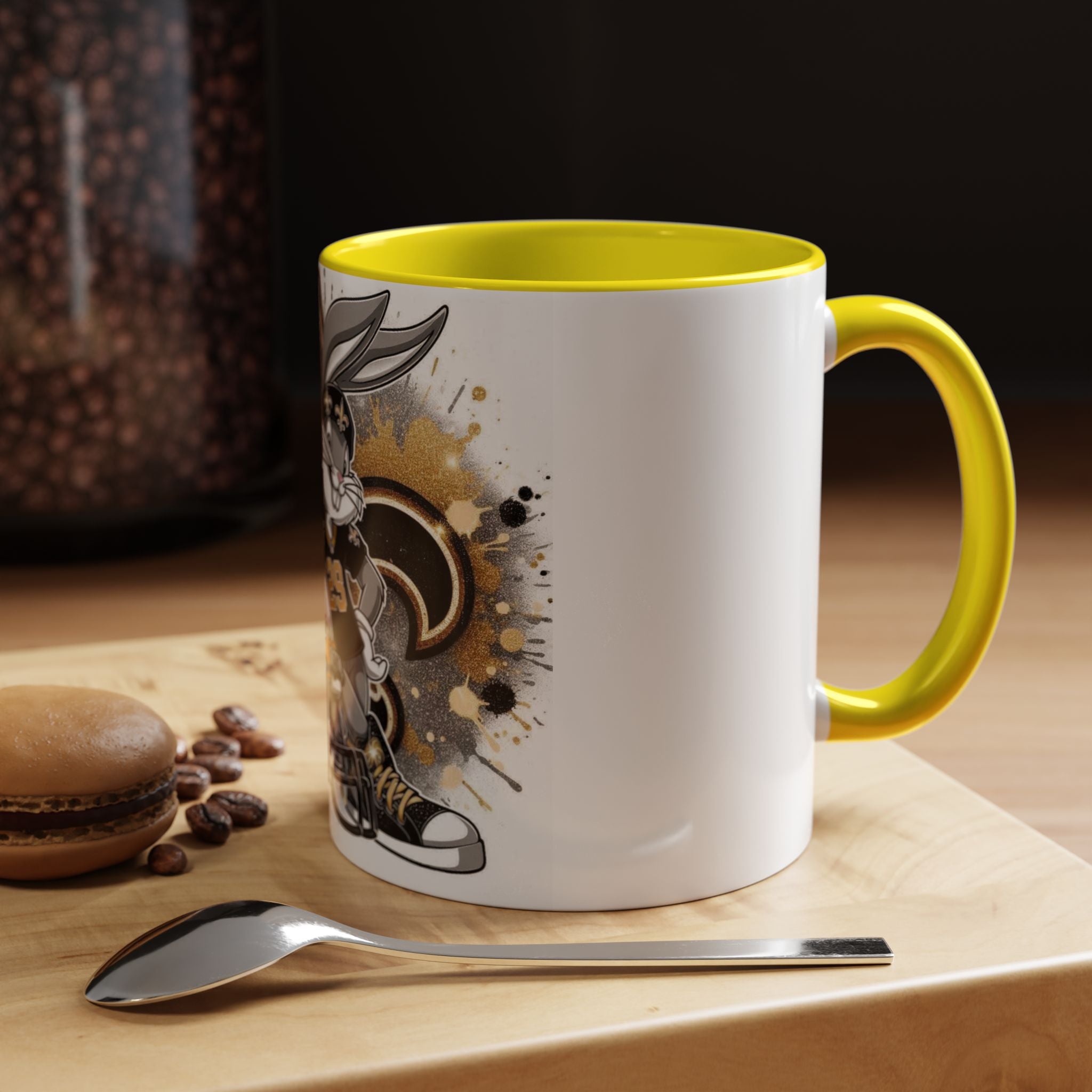 Football Bunny Fan Coffee Mug — Black & Gold Accent 11/15oz