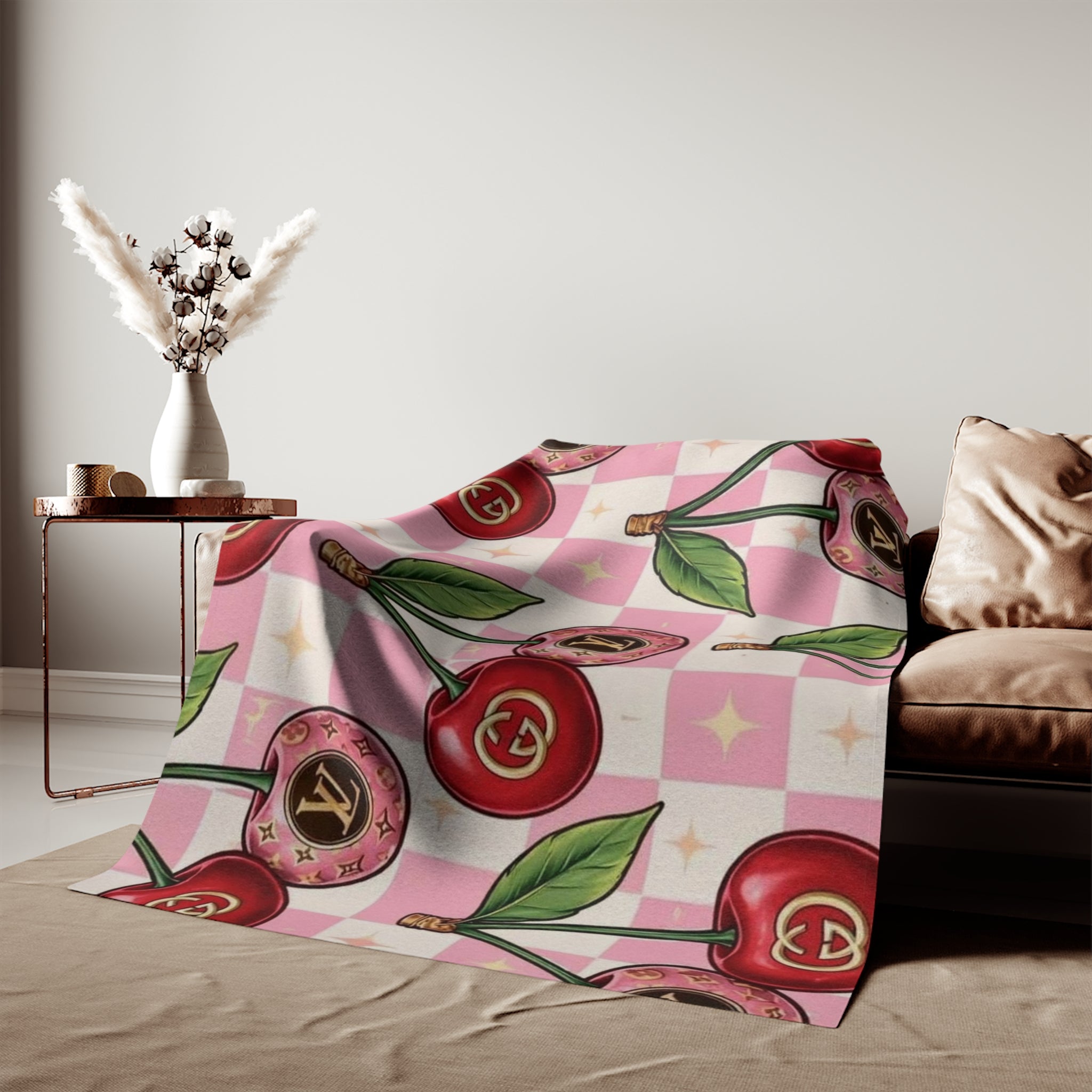 Cherry Luxe Blanket — Pink Checkerboard Cherry Pattern Cozy Throw