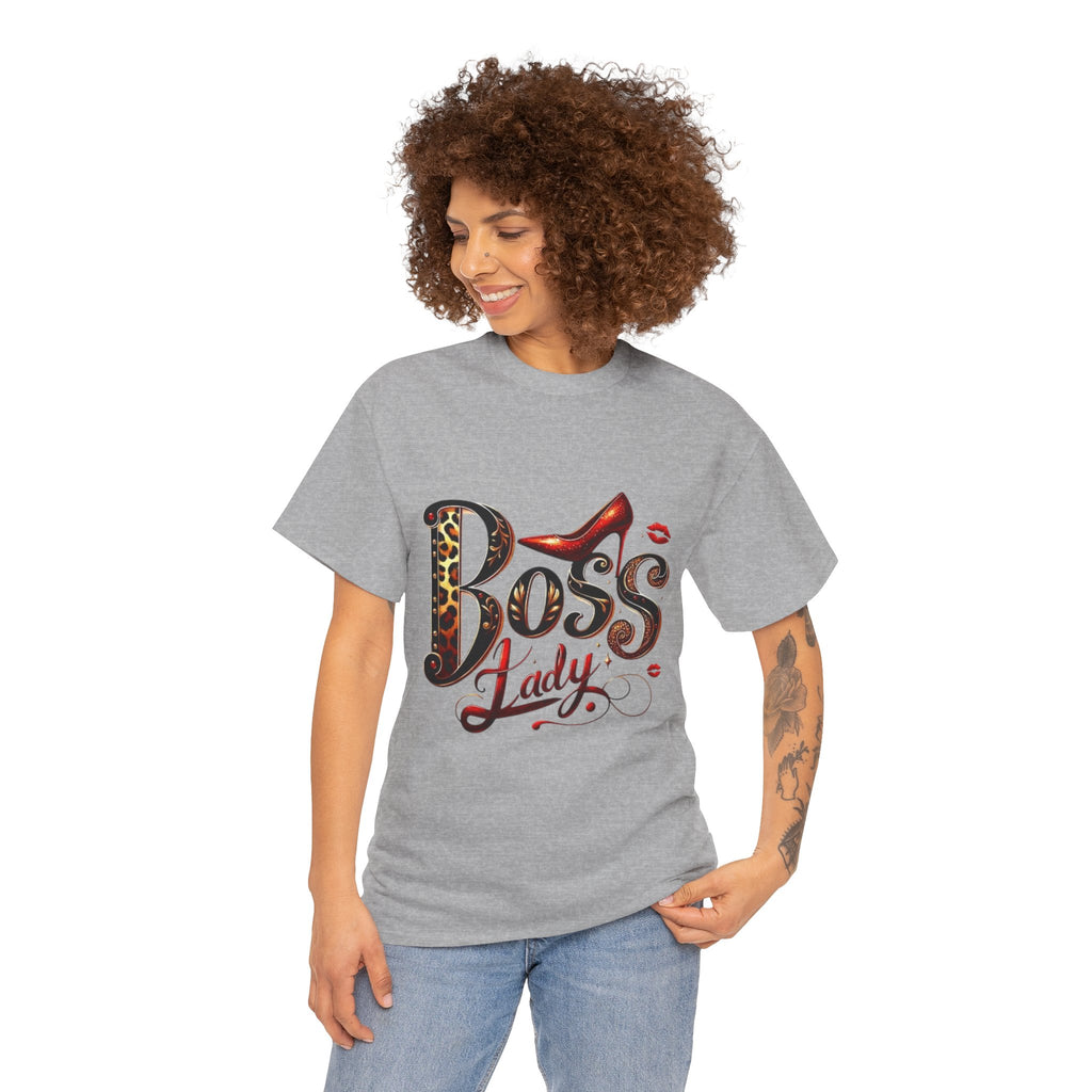 Boss Lady graphic Tee | Leopard print script, red stiletto, lips