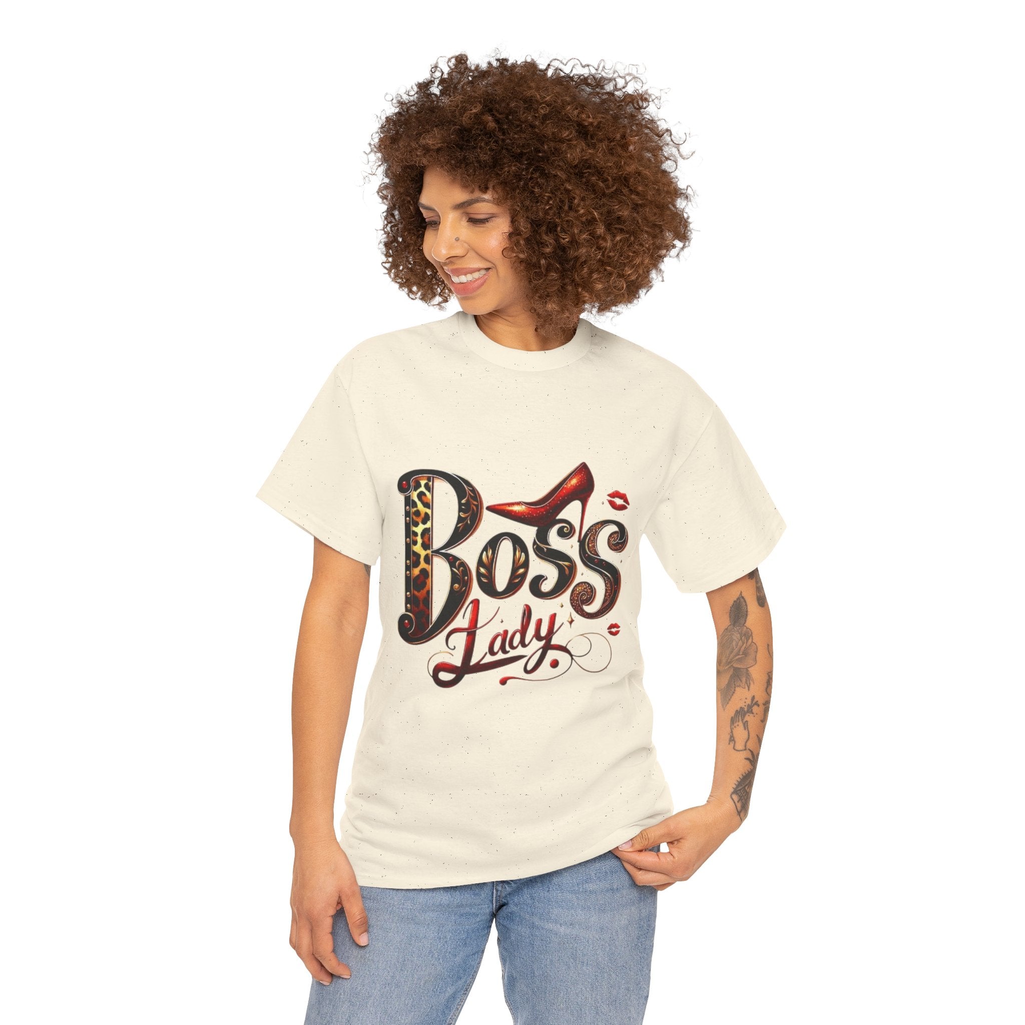 Boss Lady graphic Tee | Leopard print script, red stiletto, lips