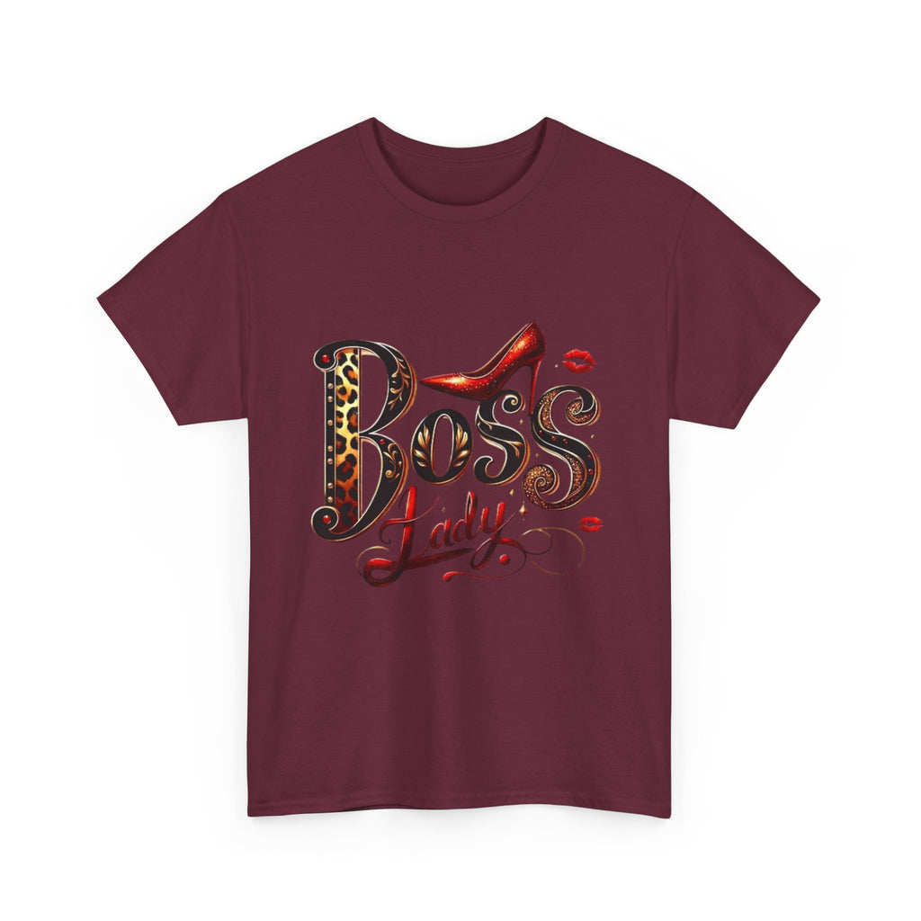 Boss Lady graphic Tee | Leopard print script, red stiletto, lips