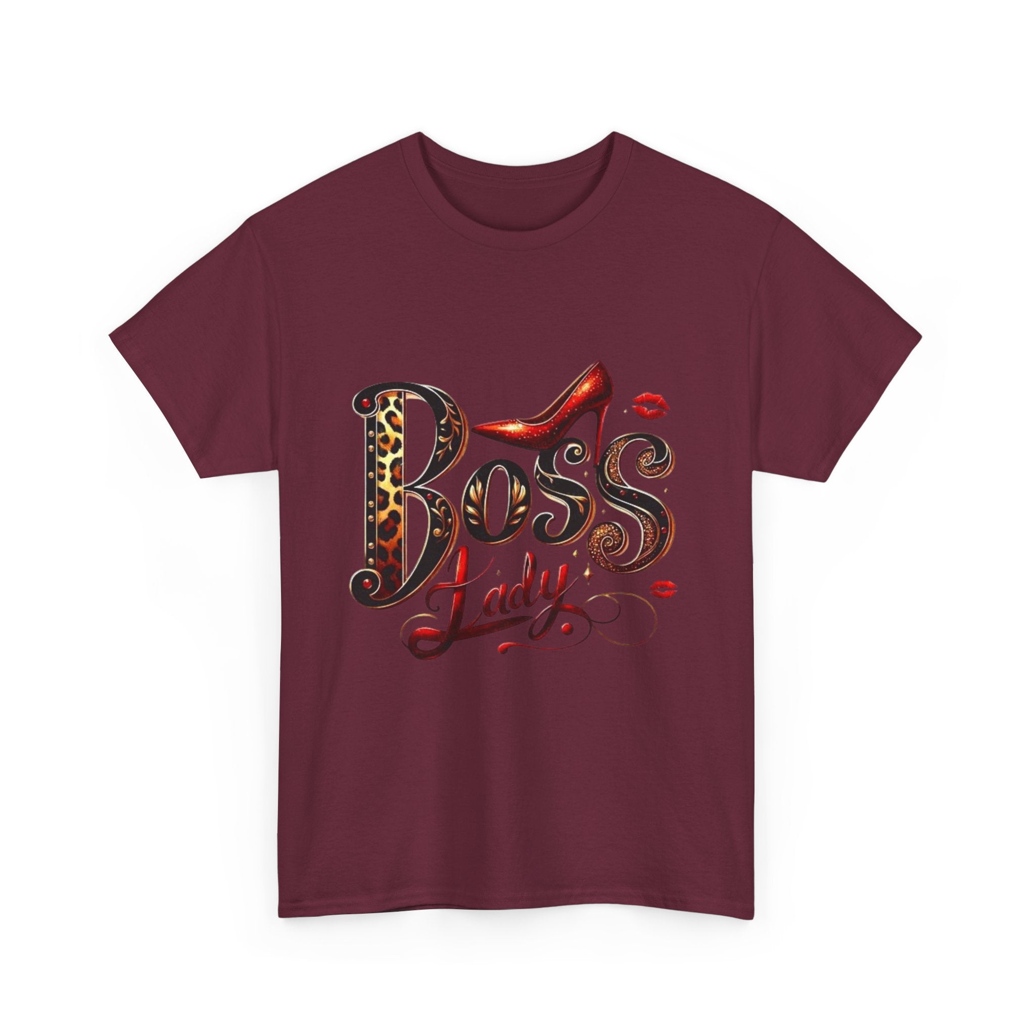 Boss Lady graphic Tee | Leopard print script, red stiletto, lips