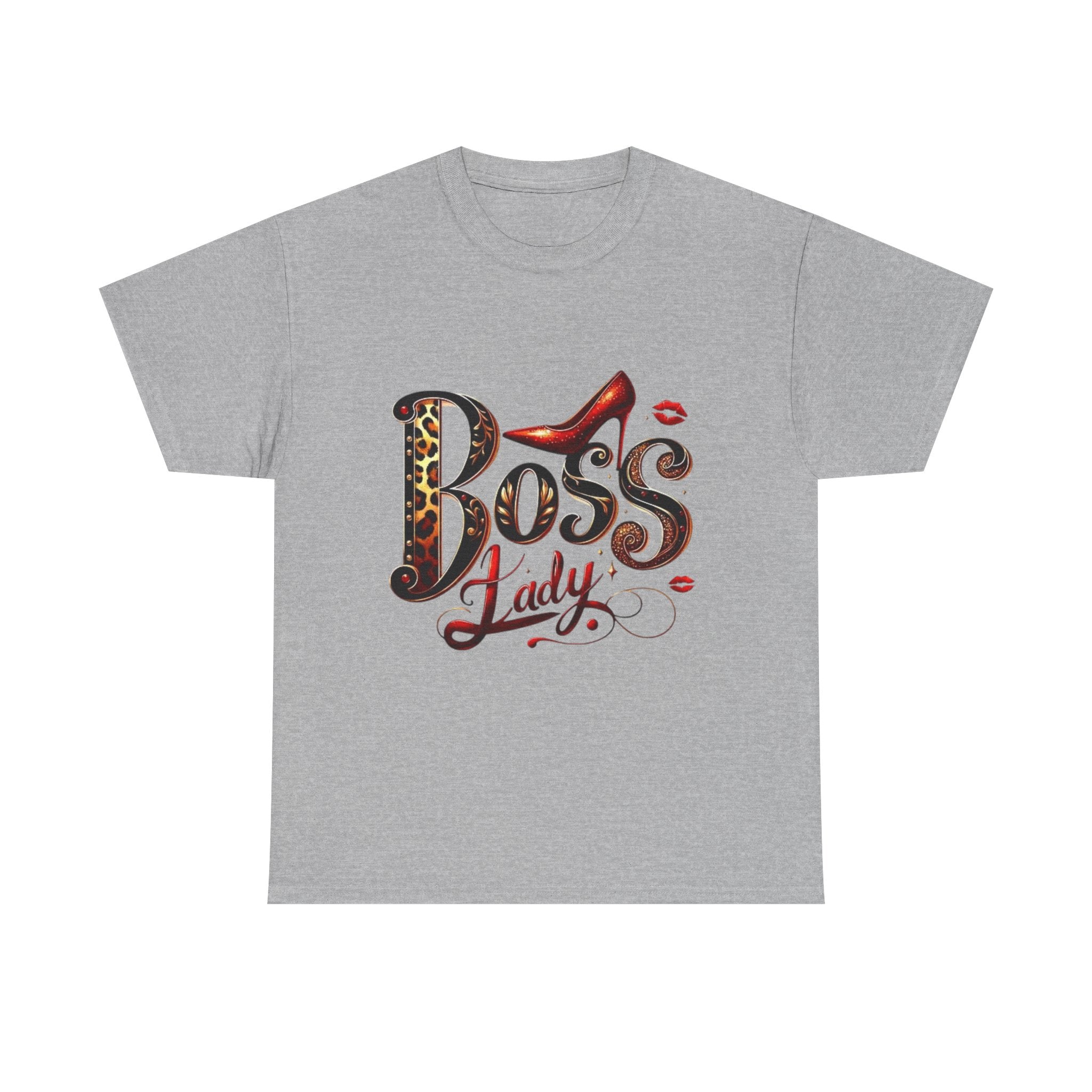 Boss Lady graphic Tee | Leopard print script, red stiletto, lips