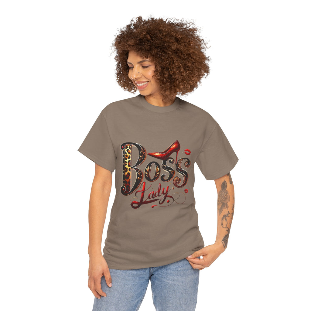Boss Lady graphic Tee | Leopard print script, red stiletto, lips