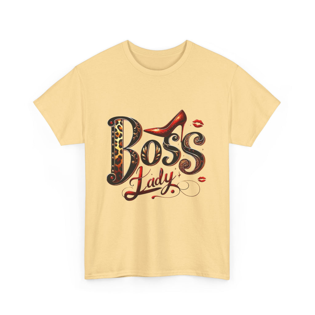 Boss Lady graphic Tee | Leopard print script, red stiletto, lips