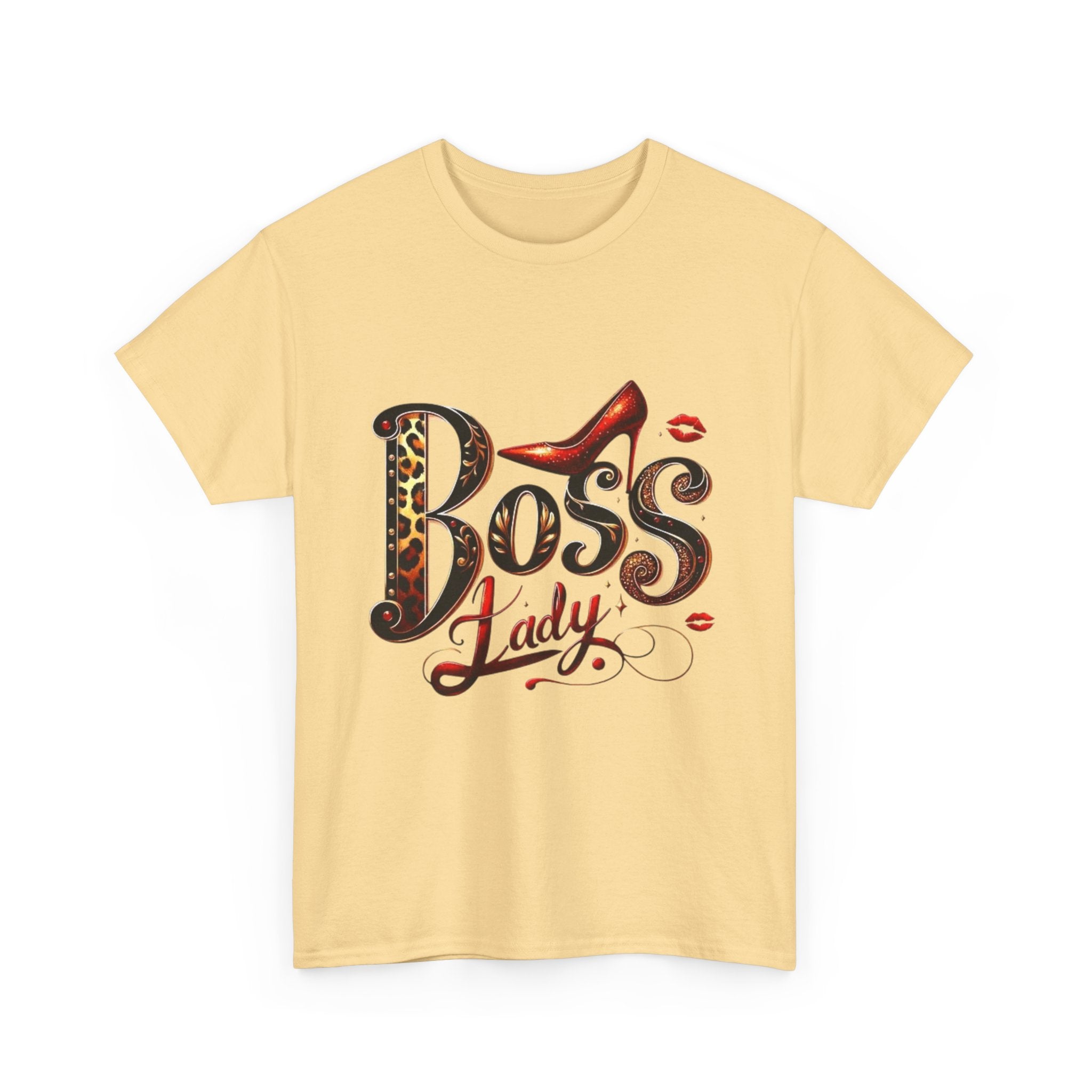 Boss Lady graphic Tee | Leopard print script, red stiletto, lips