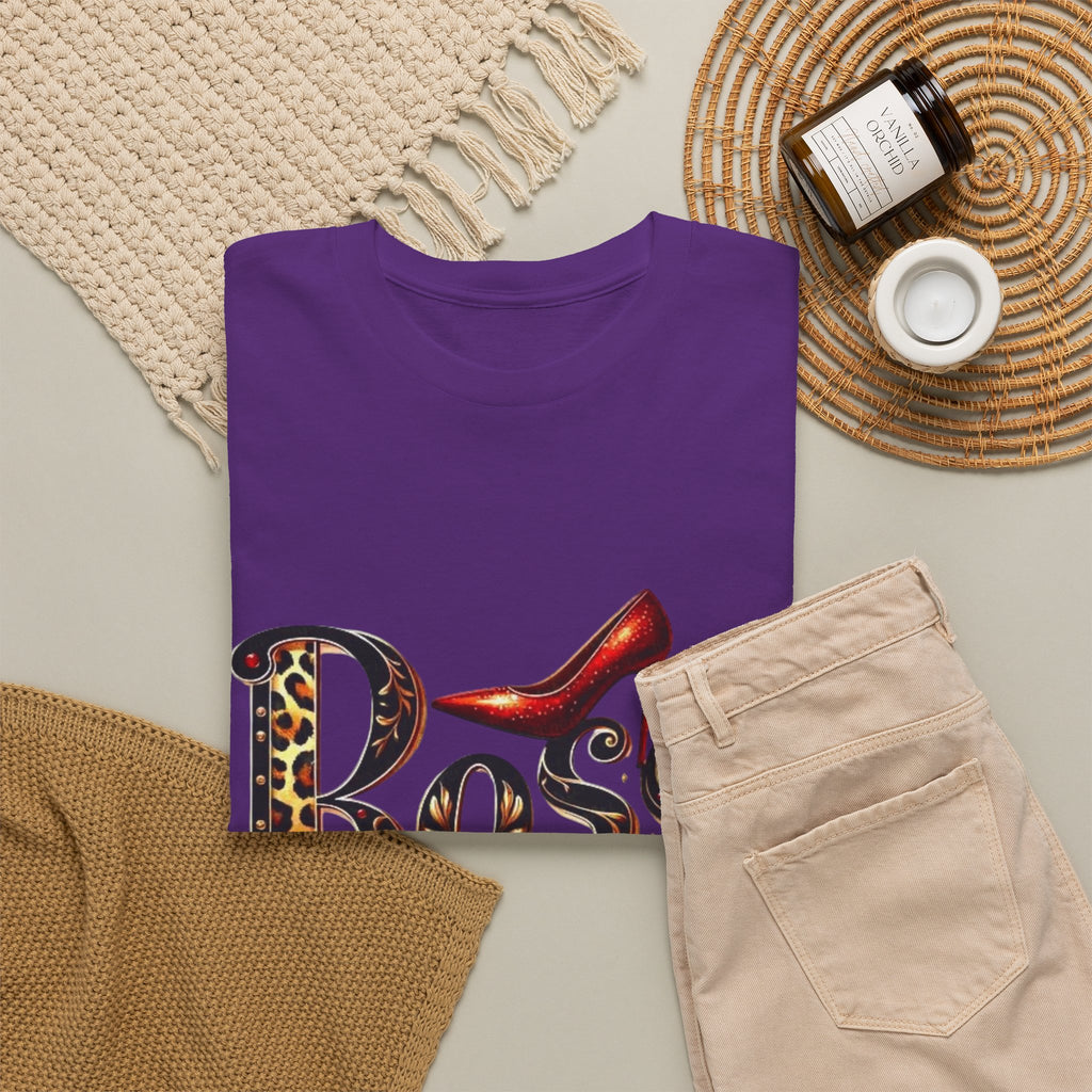 Boss Lady graphic Tee | Leopard print script, red stiletto, lips