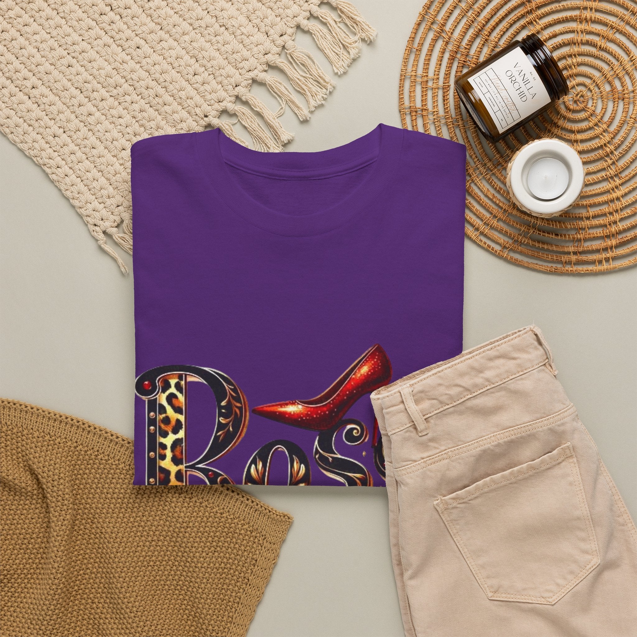 Boss Lady graphic Tee | Leopard print script, red stiletto, lips