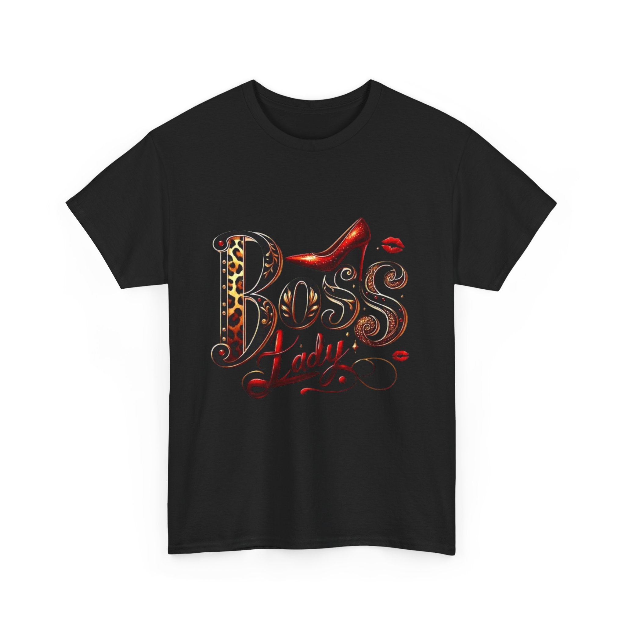 Boss Lady graphic Tee | Leopard print script, red stiletto, lips