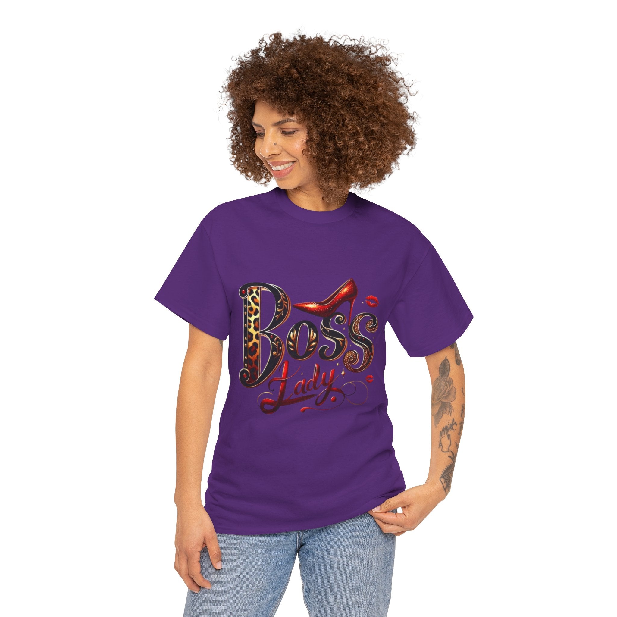 Boss Lady graphic Tee | Leopard print script, red stiletto, lips