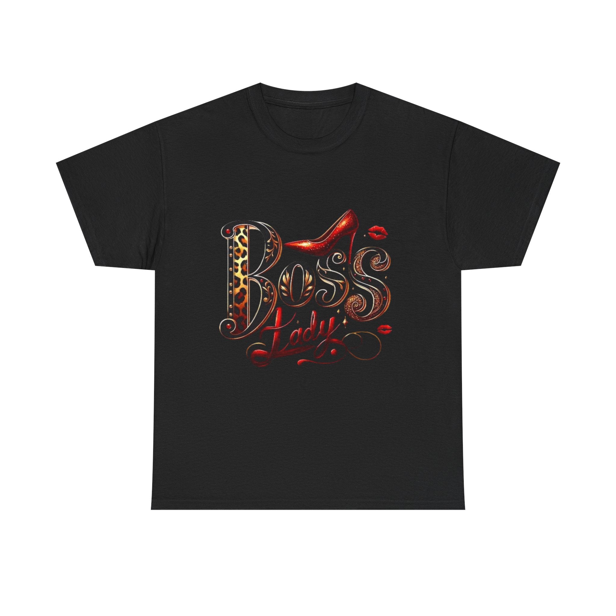 Boss Lady graphic Tee | Leopard print script, red stiletto, lips