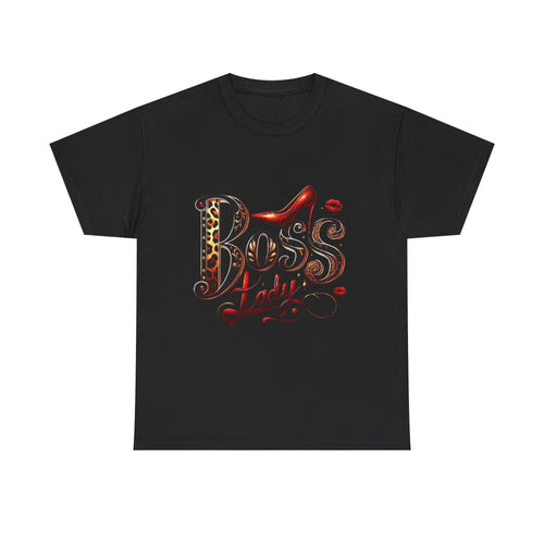 Boss Lady graphic Tee | Leopard print script, red stiletto, lips