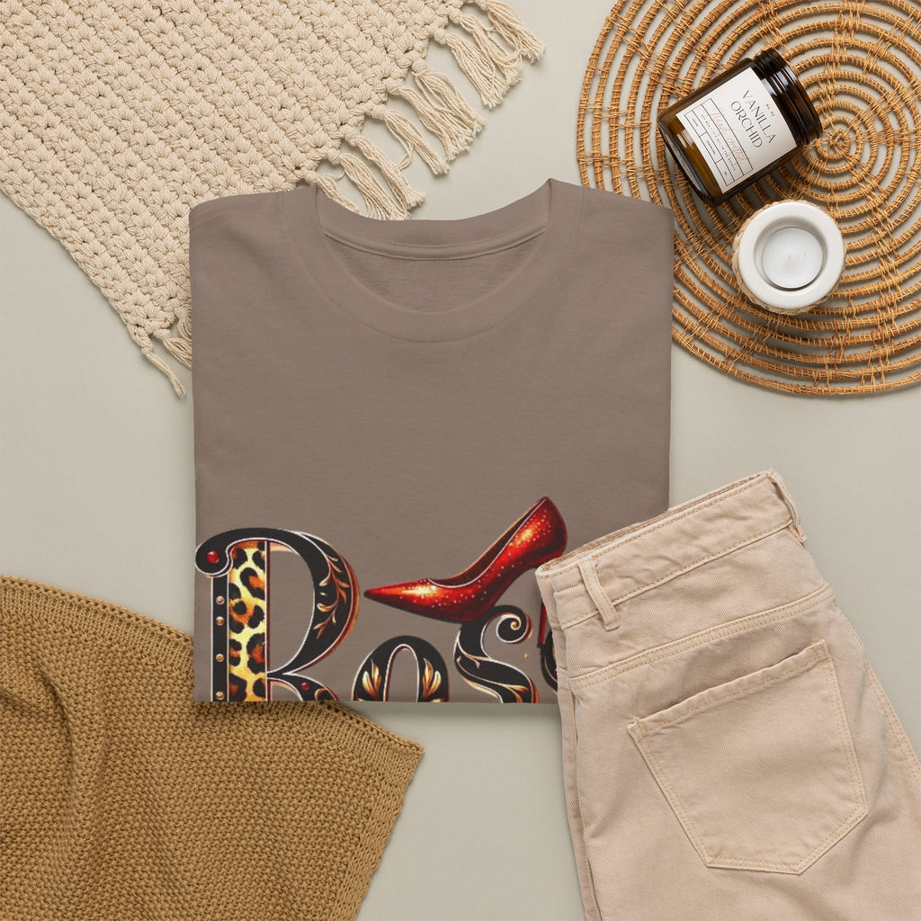 Boss Lady graphic Tee | Leopard print script, red stiletto, lips