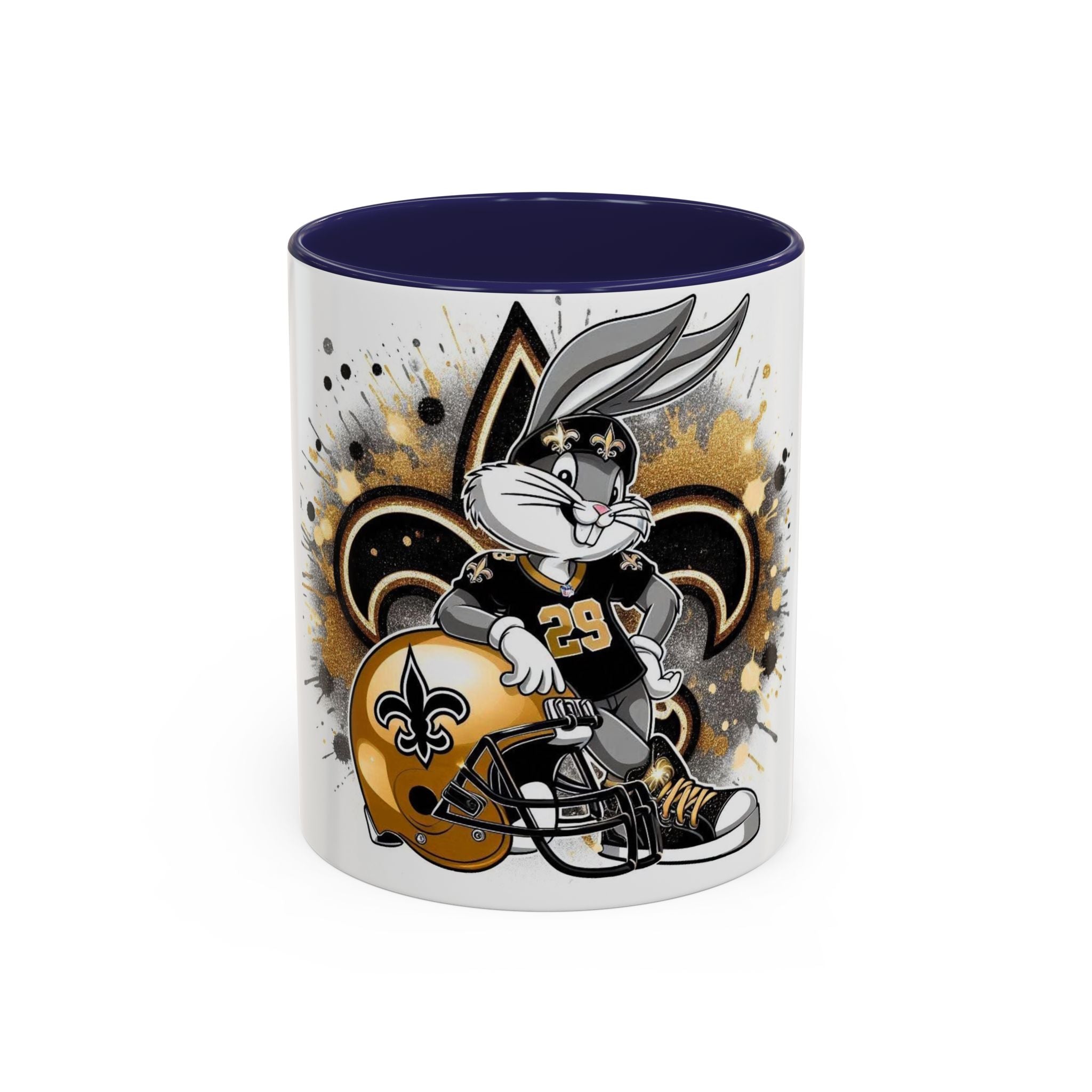 Football Bunny Fan Coffee Mug — Black & Gold Accent 11/15oz