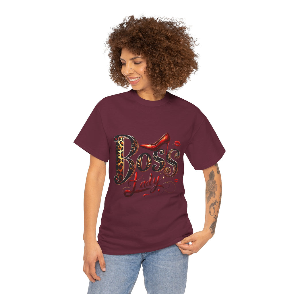 Boss Lady graphic Tee | Leopard print script, red stiletto, lips