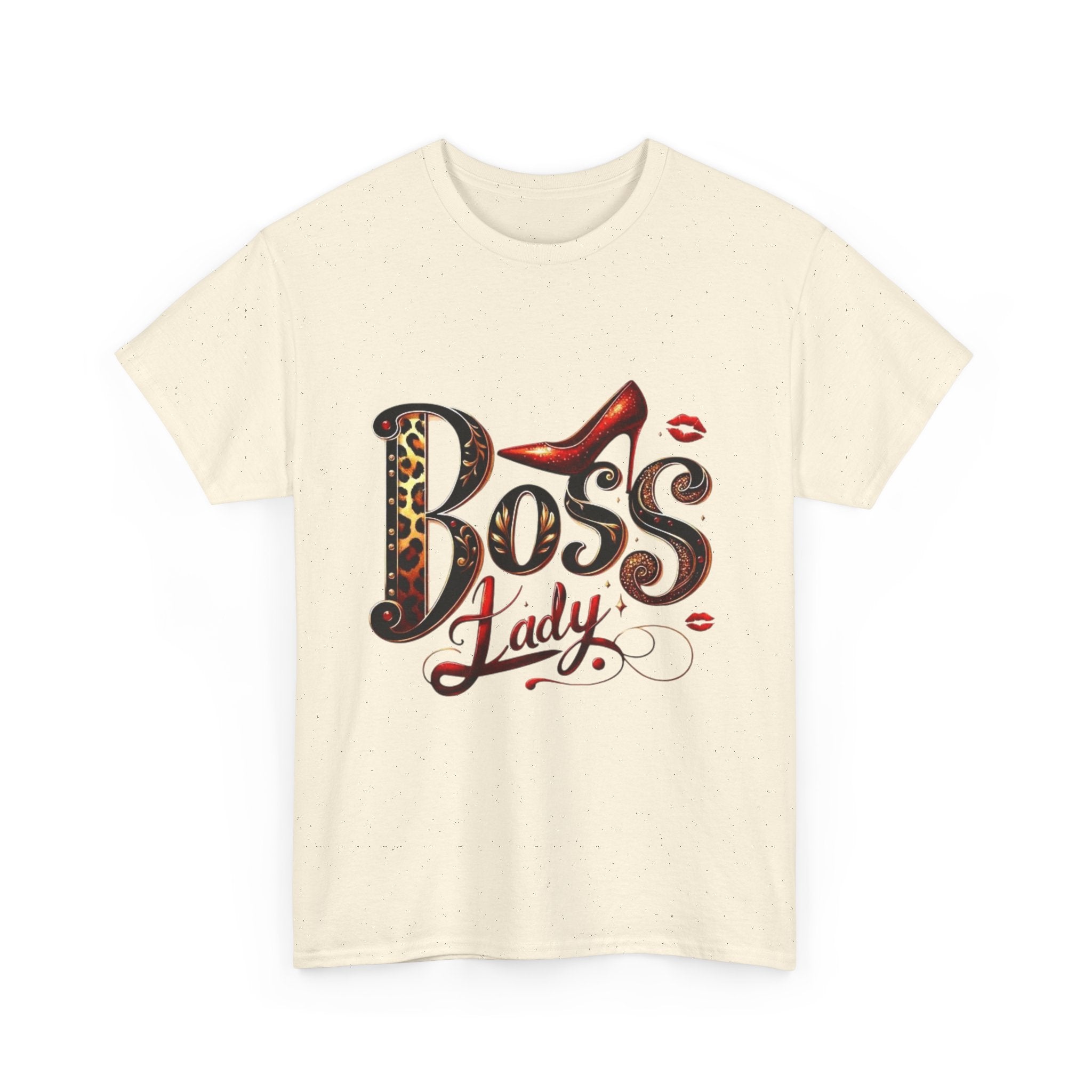 Boss Lady graphic Tee | Leopard print script, red stiletto, lips