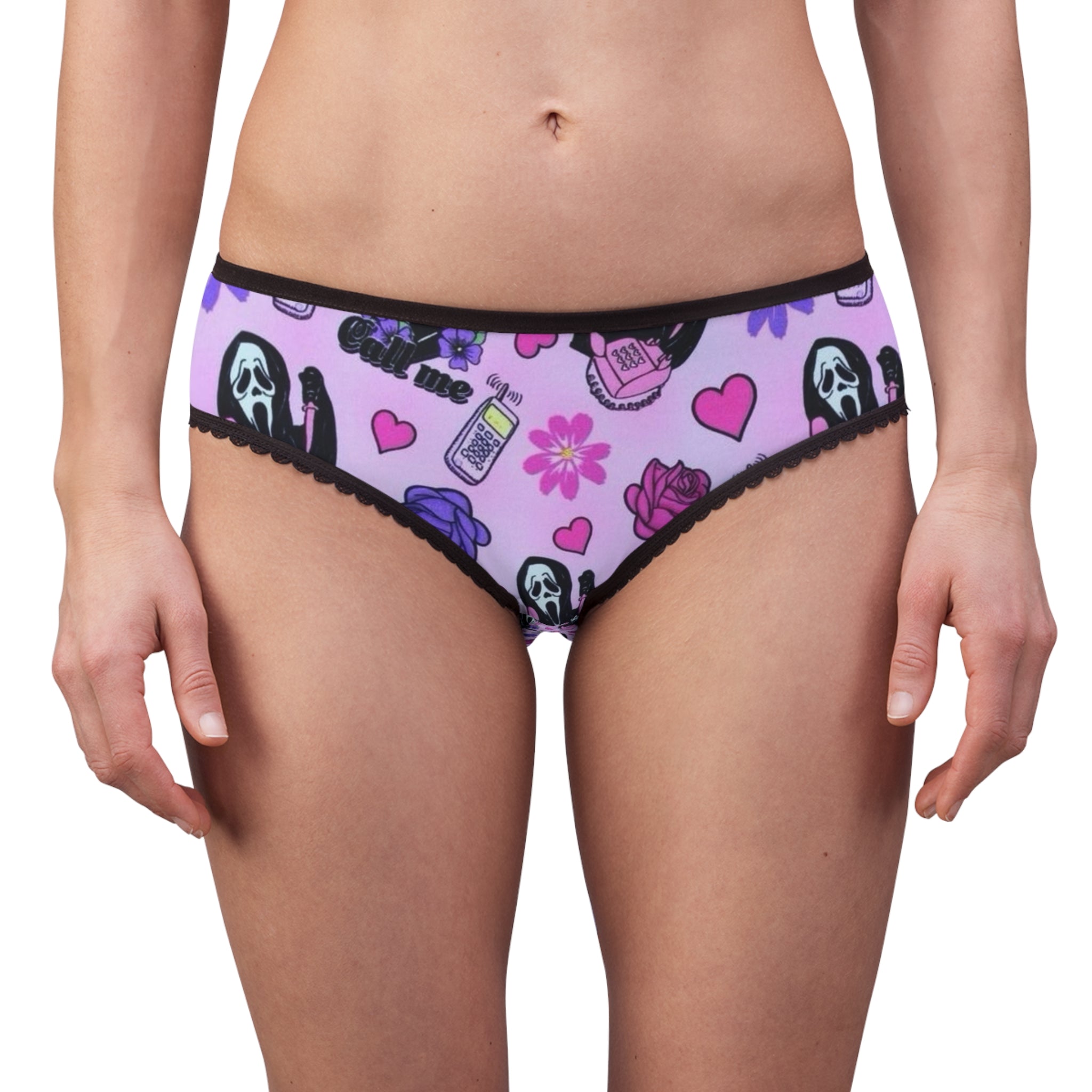 Scream Movie Pattern Women's Briefs — Pink Gothic Floral & Phone Print