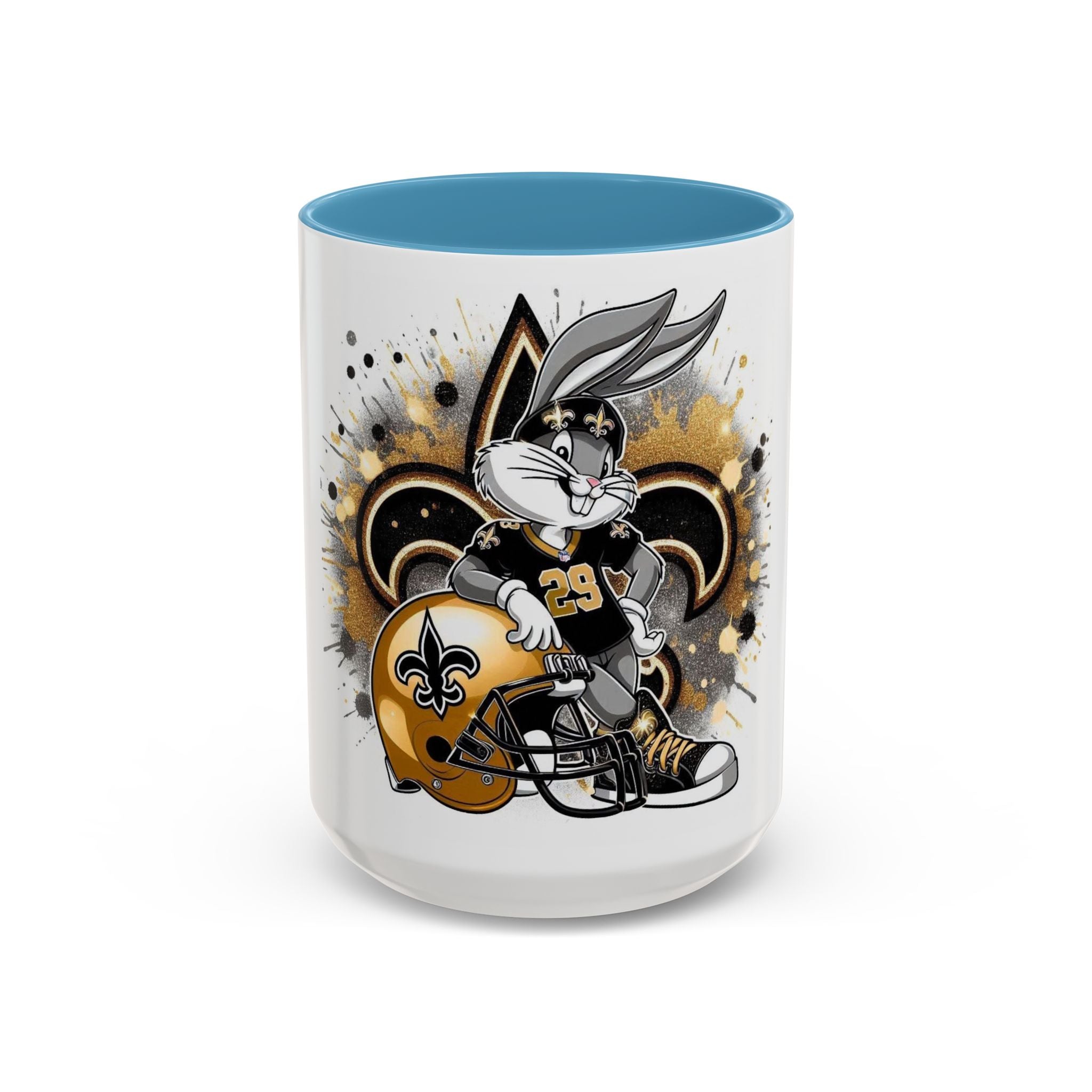 Football Bunny Fan Coffee Mug — Black & Gold Accent 11/15oz