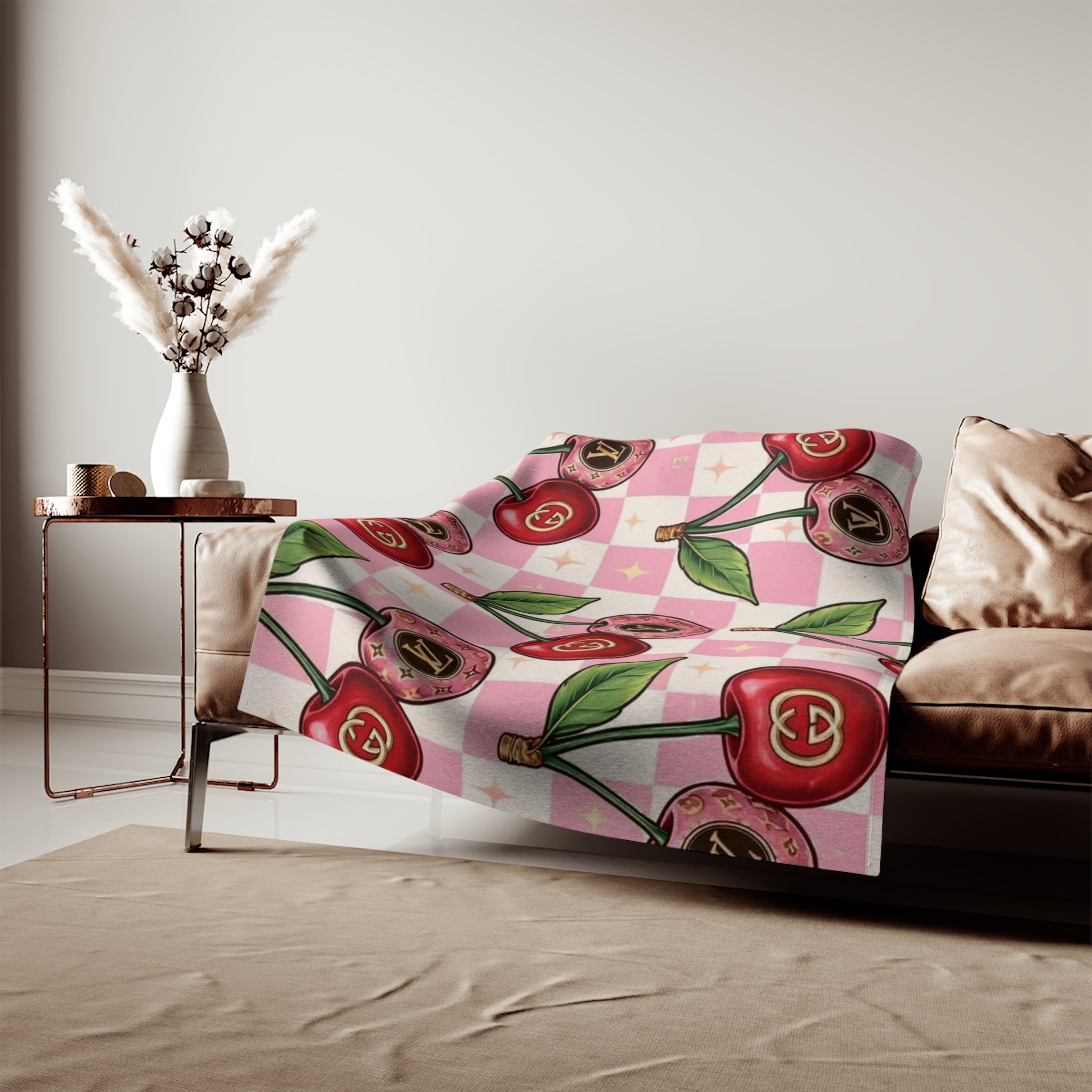 Cherry Luxe Blanket — Pink Checkerboard Cherry Pattern Cozy Throw