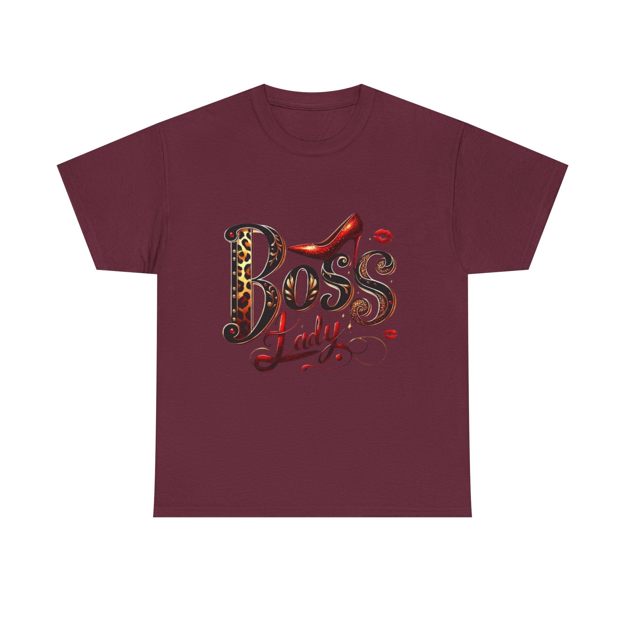 Boss Lady graphic Tee | Leopard print script, red stiletto, lips