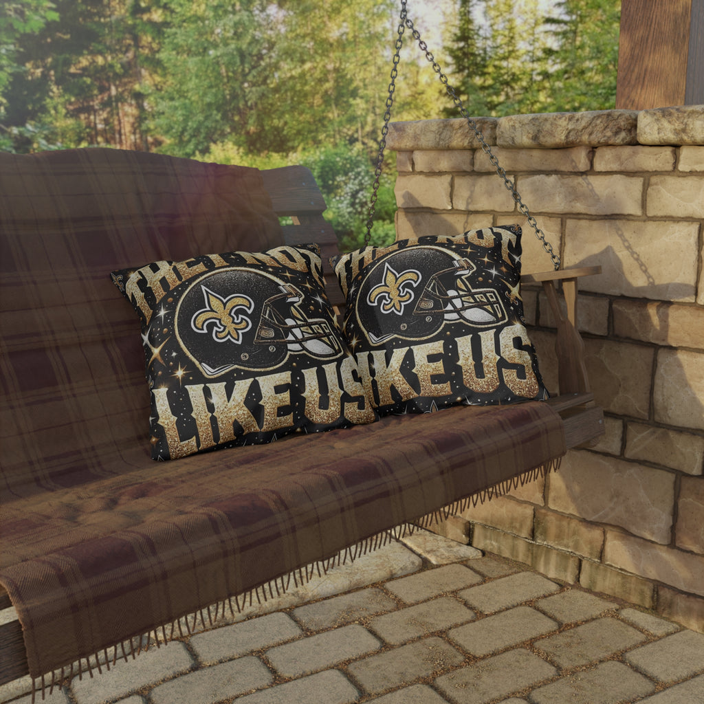 New Orleans Saints Decorative Outdoor Pillow — "They're Not Like Us" Football Helmet Design