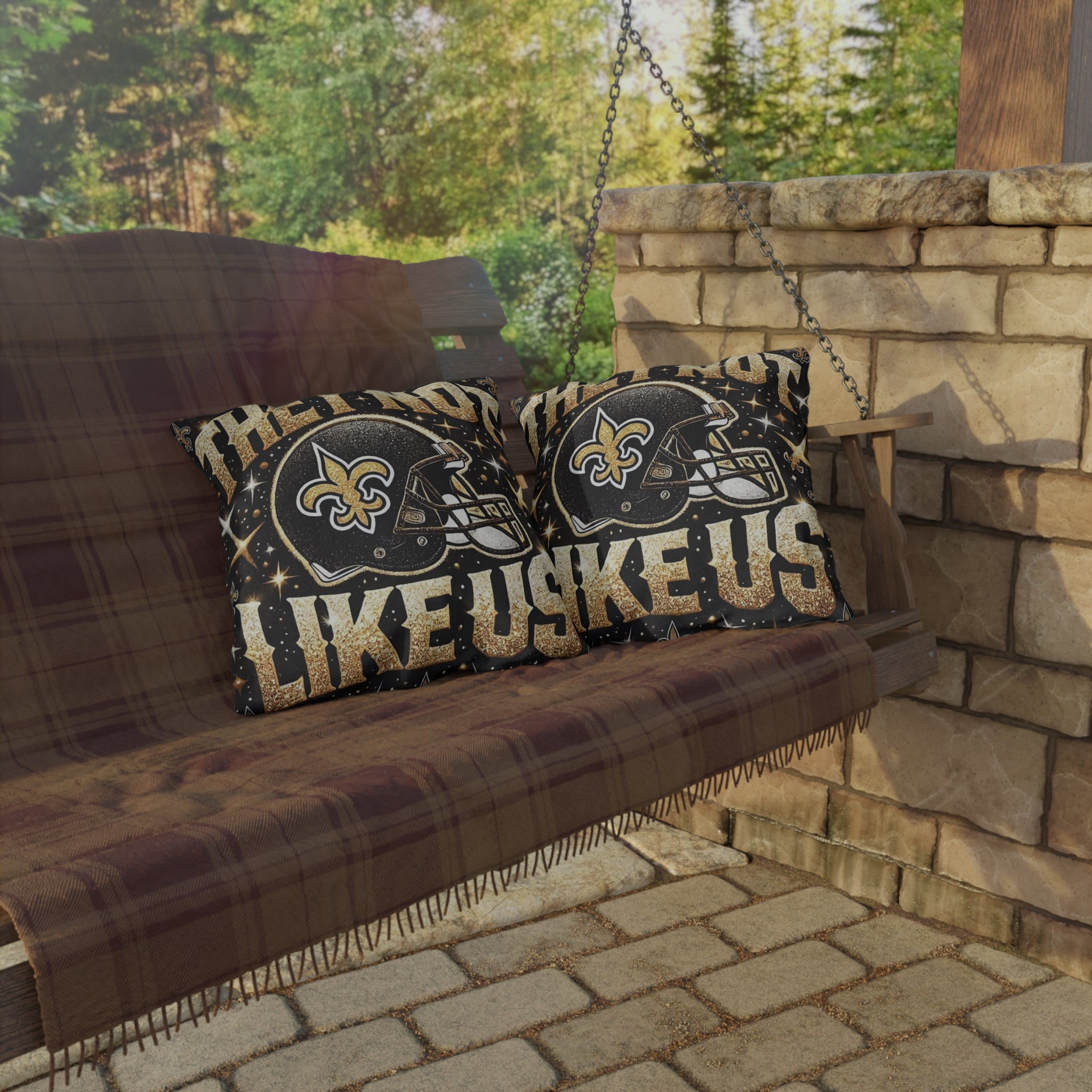 New Orleans Saints Decorative Outdoor Pillow — "They're Not Like Us" Football Helmet Design