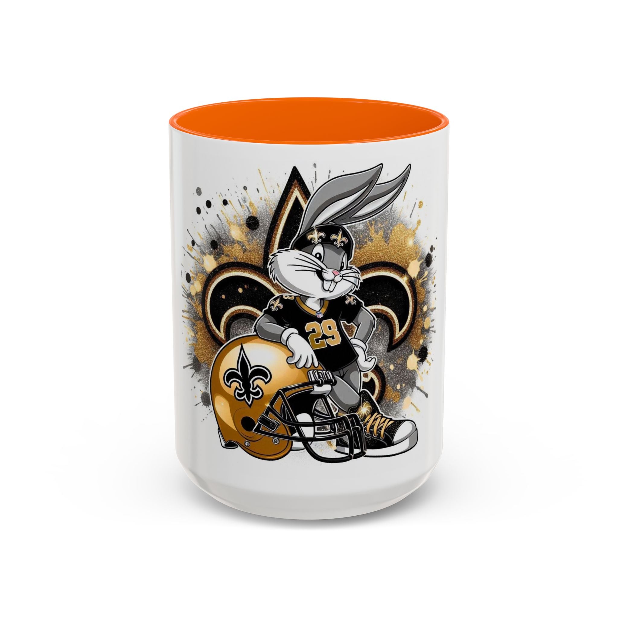 Football Bunny Fan Coffee Mug — Black & Gold Accent 11/15oz