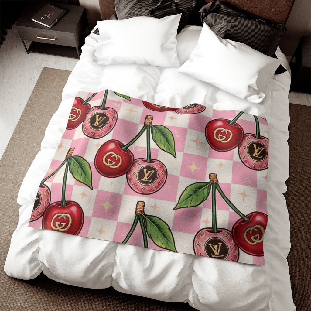 Cherry Luxe Blanket — Pink Checkerboard Cherry Pattern Cozy Throw