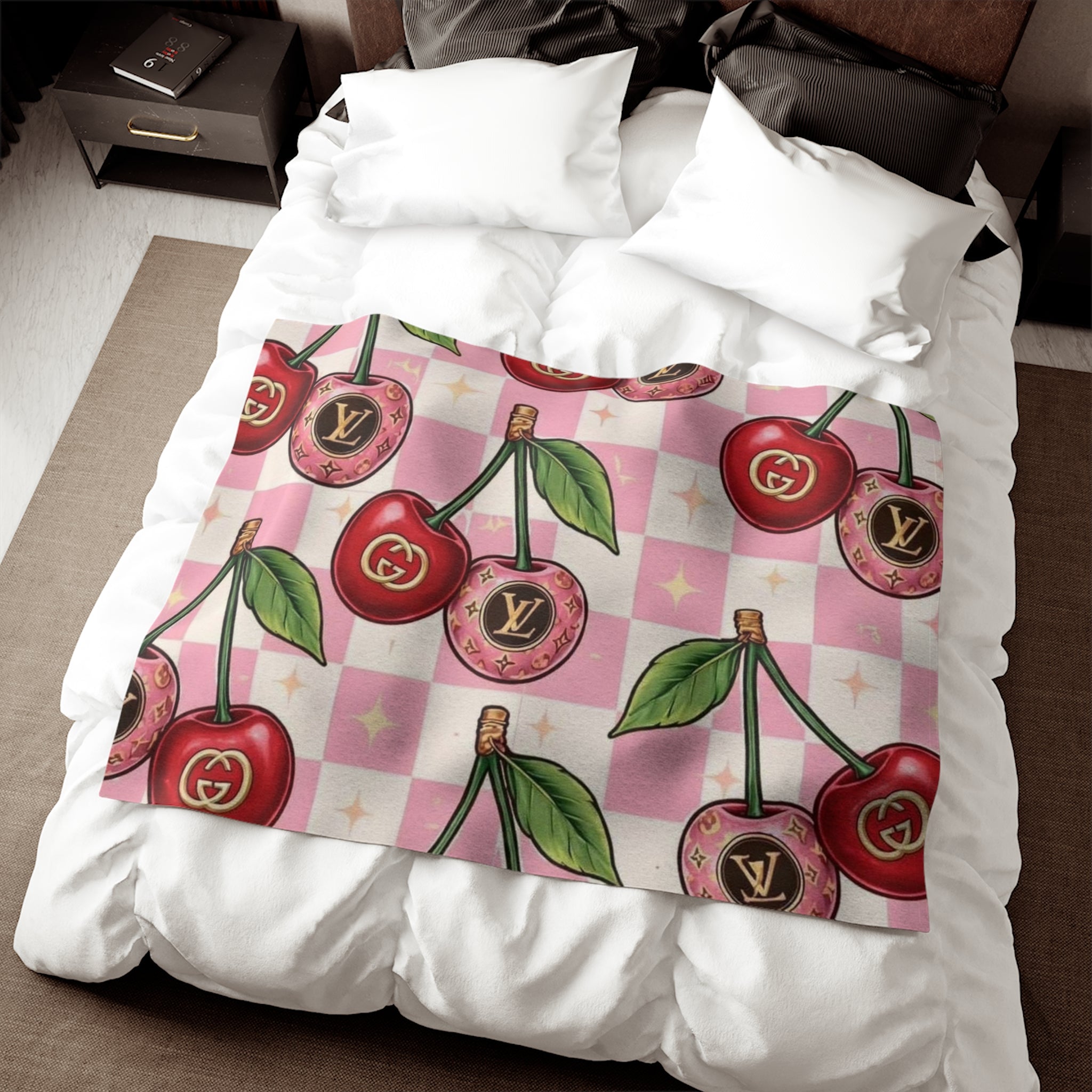 Cherry Luxe Blanket — Pink Checkerboard Cherry Pattern Cozy Throw