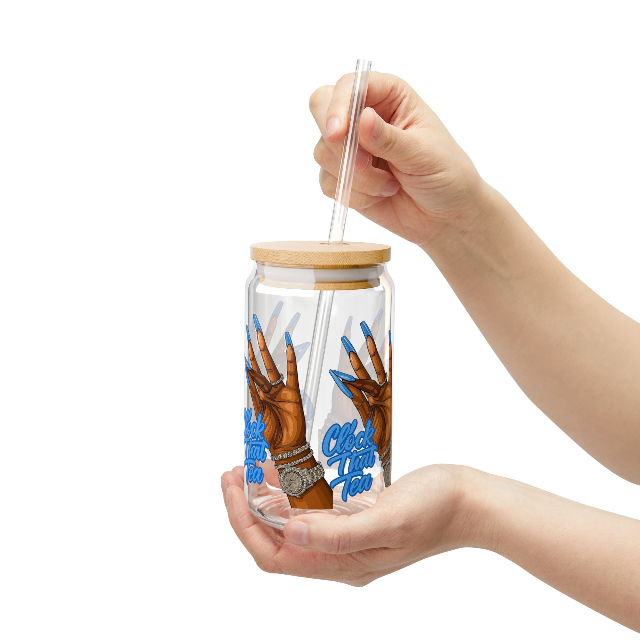16oz Sipper Glass — 'Check Your Tone' Blue Nails Design