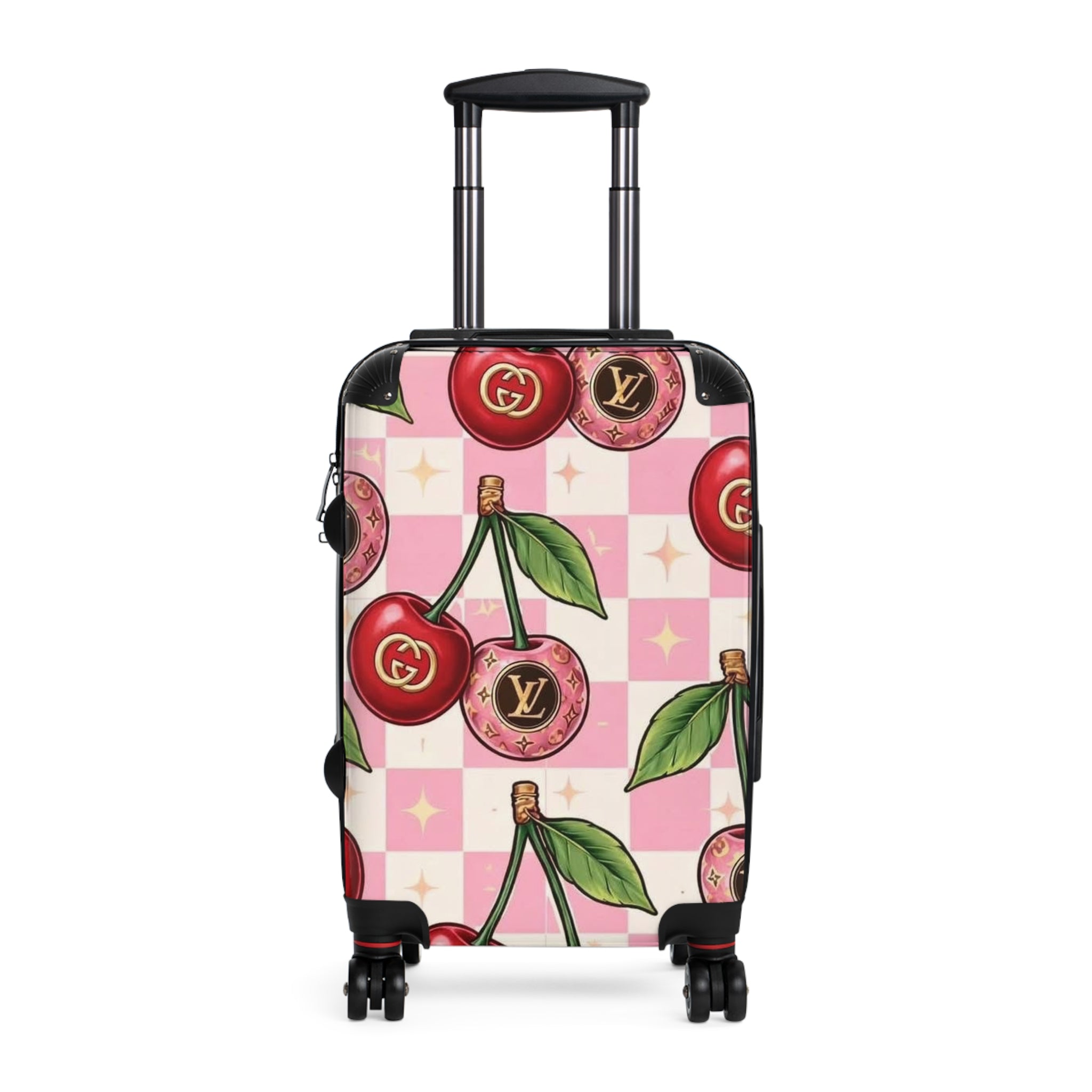 Cherry Logo Carry-On Suitcase – Pink Checker Luggage with Designer-Inspired Cherries