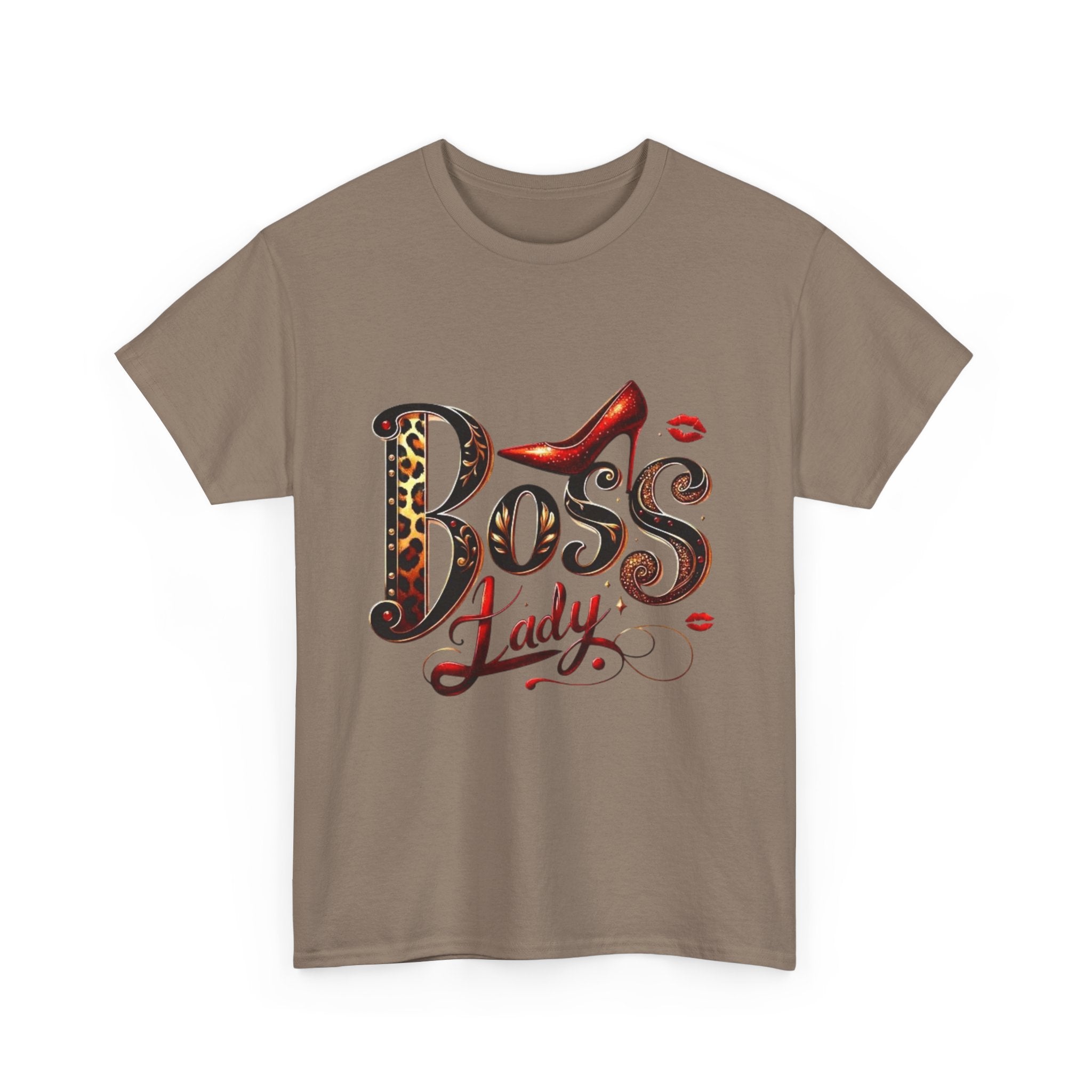 Boss Lady graphic Tee | Leopard print script, red stiletto, lips