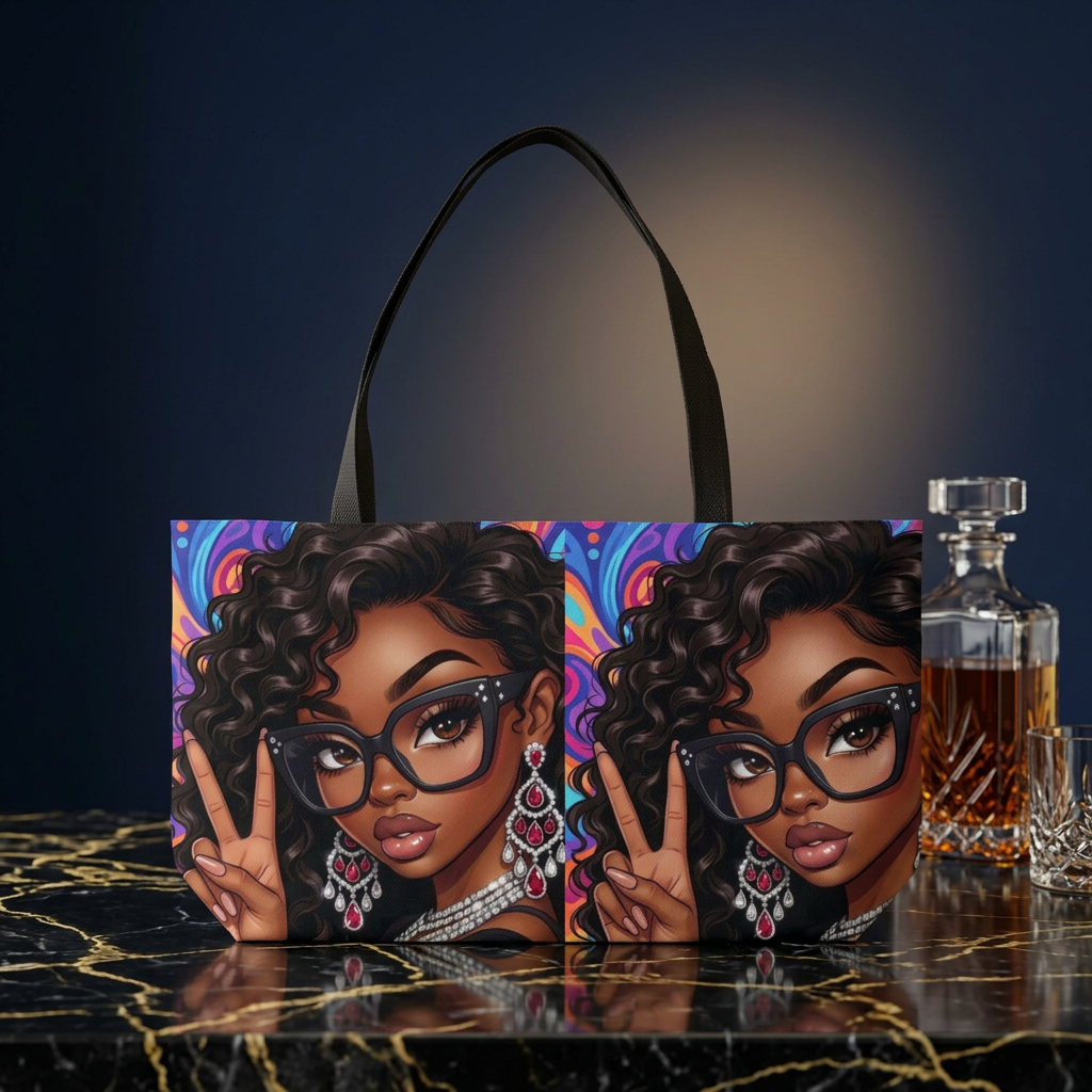 Weekender Tote Bag — Afro Chic Girl Peace Sign Printed Beach & Travel Tote