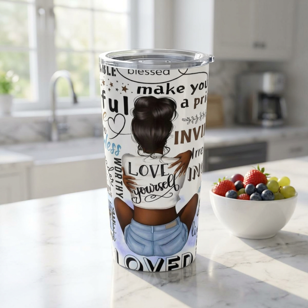 20oz Inspirational Afro Woman Tumbler — Love Yourself Motivational Travel Cup
