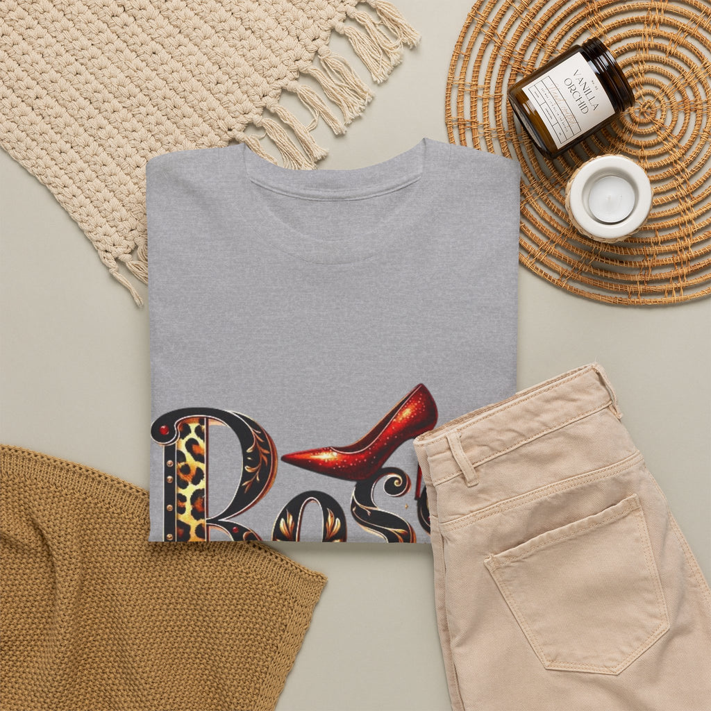 Boss Lady graphic Tee | Leopard print script, red stiletto, lips
