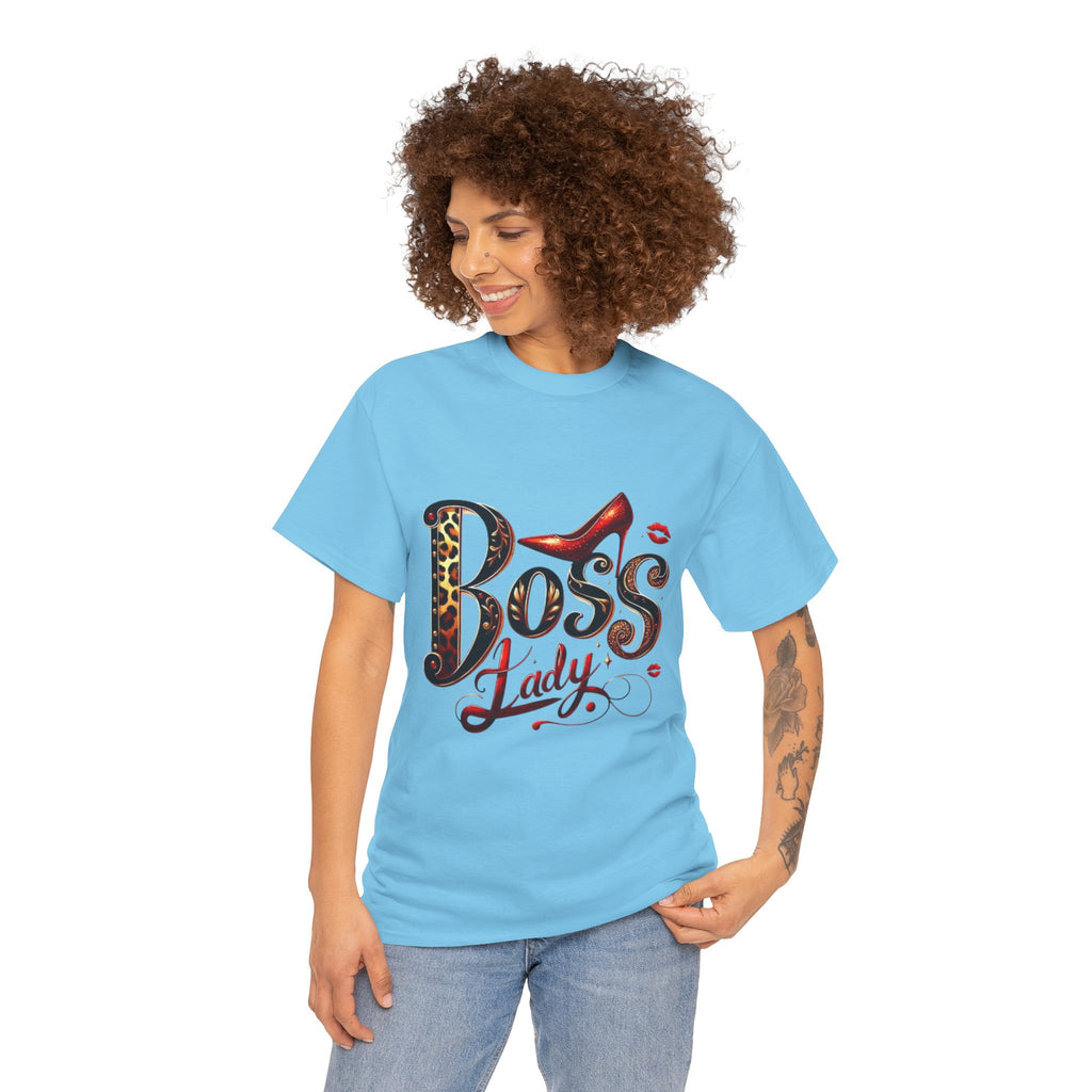Boss Lady graphic Tee | Leopard print script, red stiletto, lips
