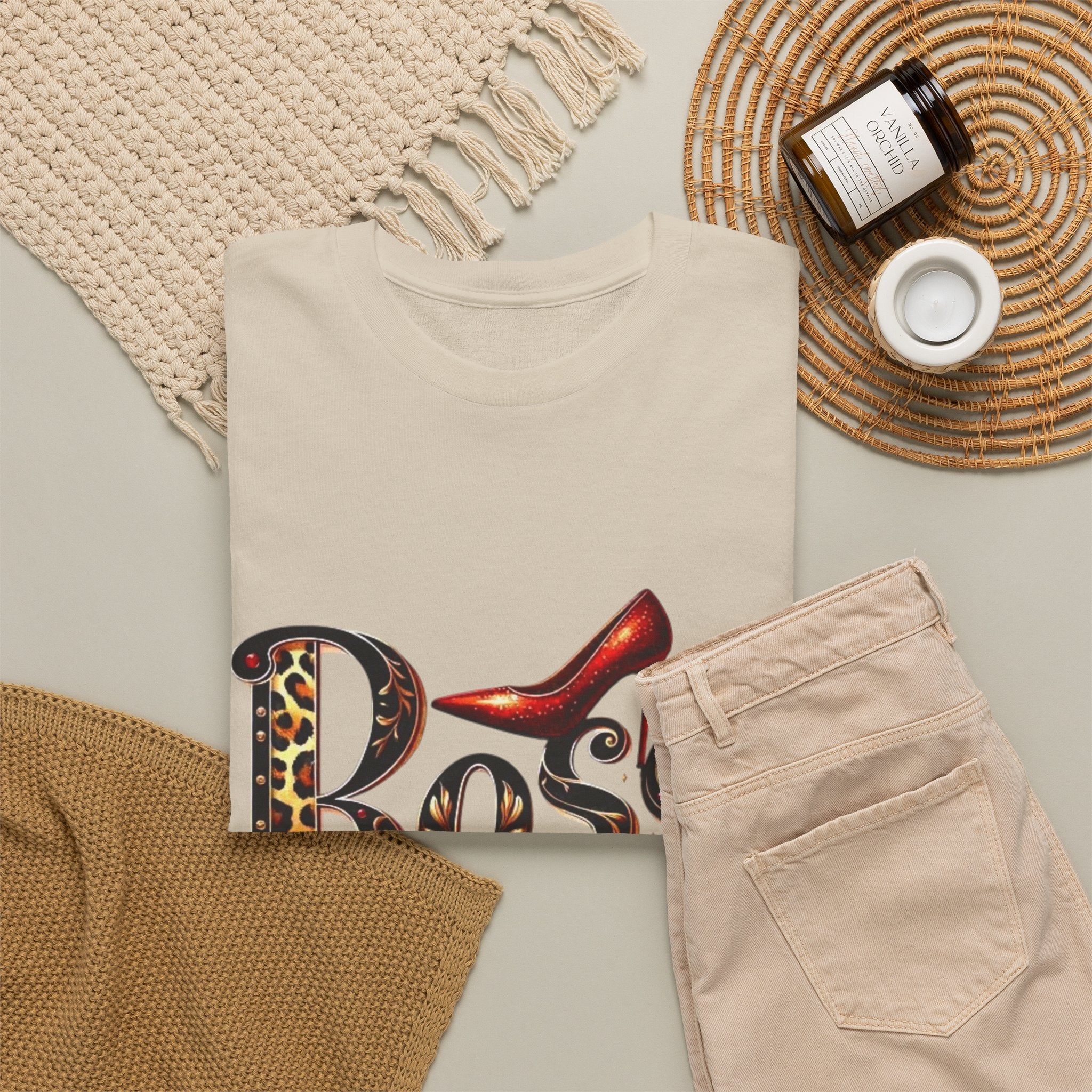 Boss Lady graphic Tee | Leopard print script, red stiletto, lips