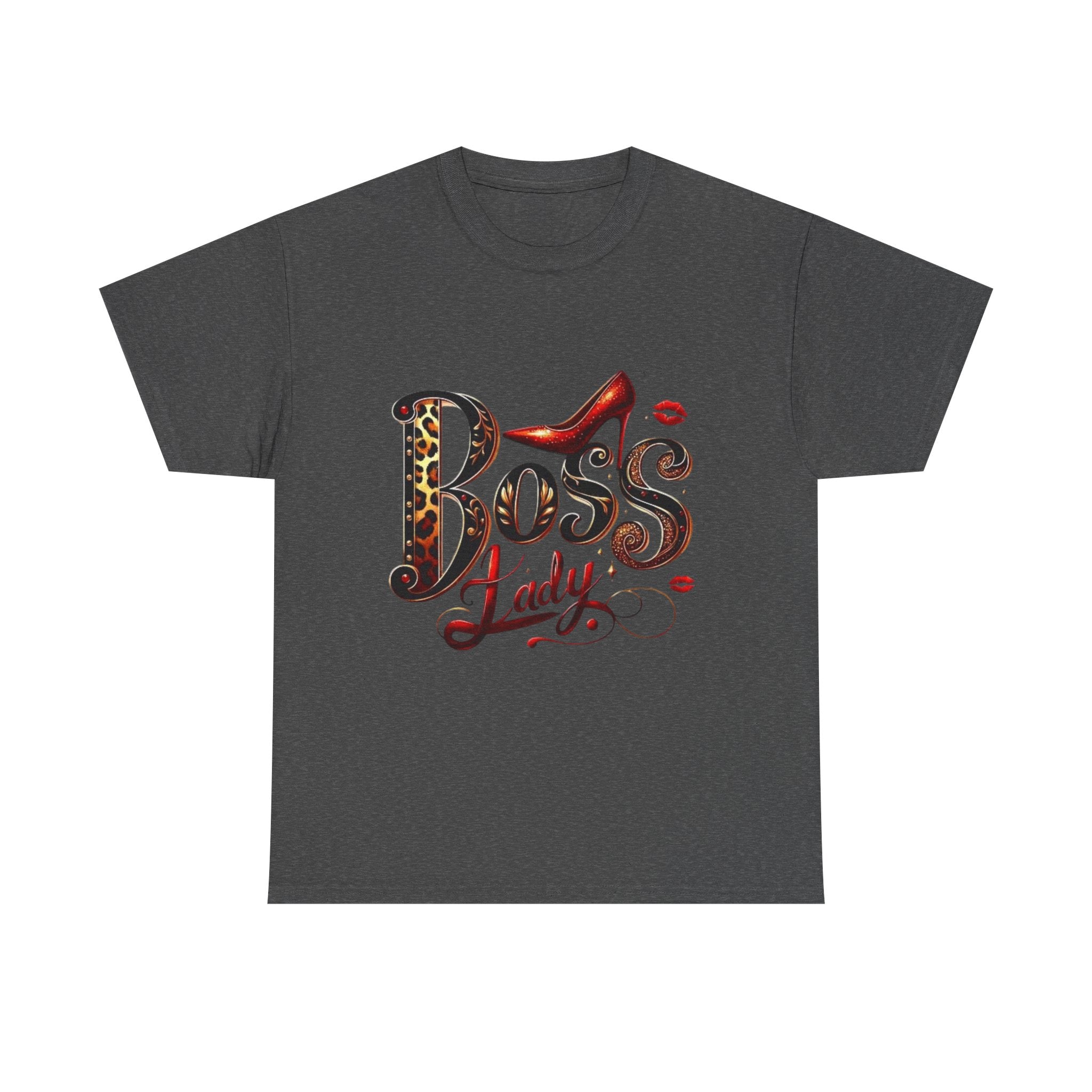 Boss Lady graphic Tee | Leopard print script, red stiletto, lips
