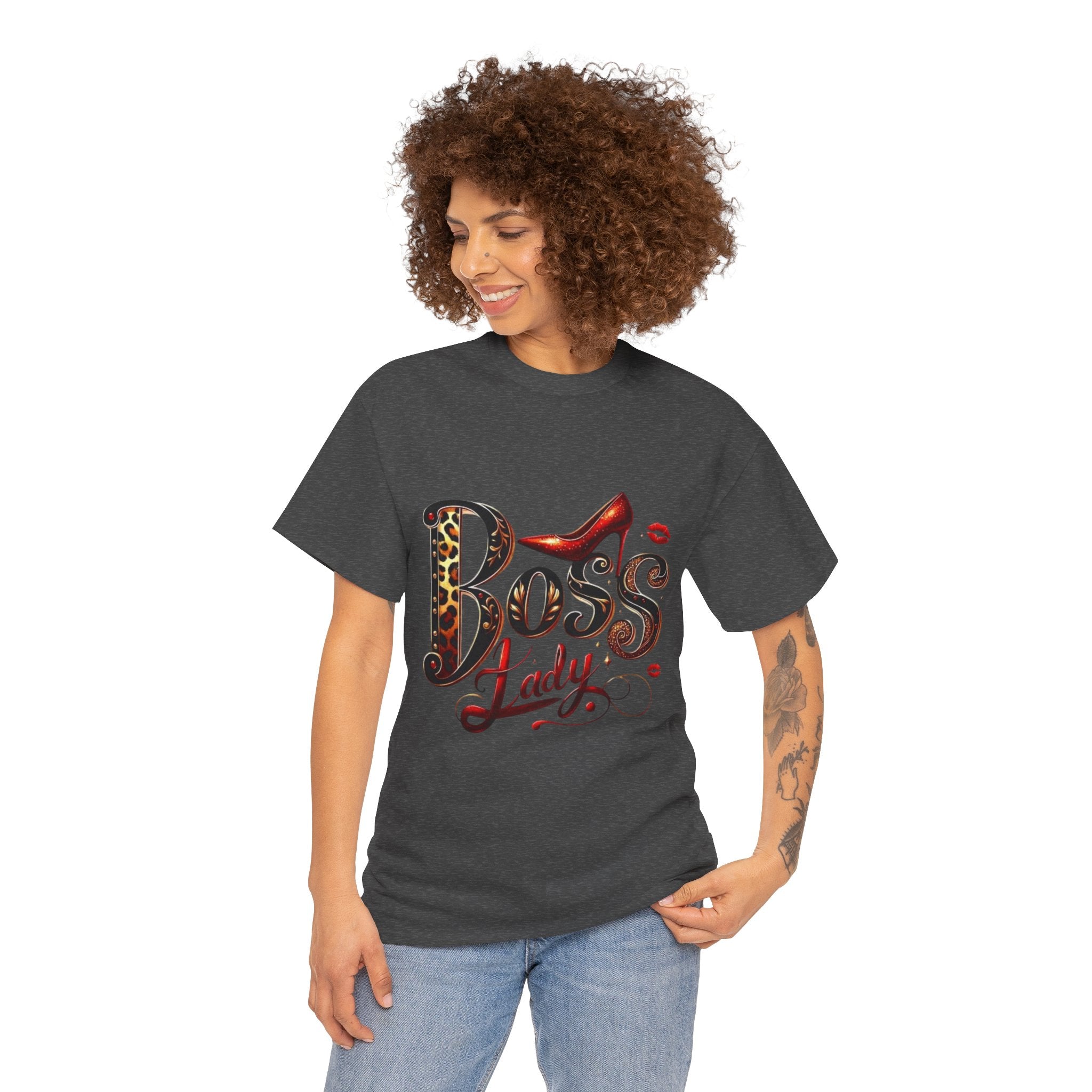 Boss Lady graphic Tee | Leopard print script, red stiletto, lips