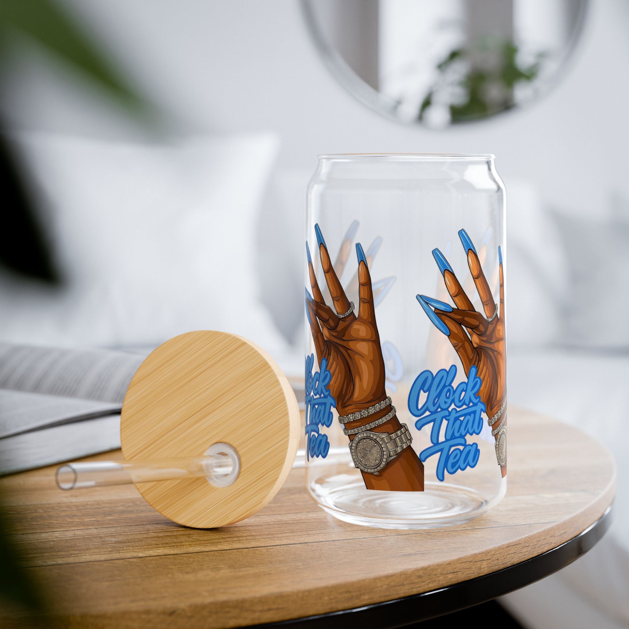 16oz Sipper Glass — 'Check Your Tone' Blue Nails Design